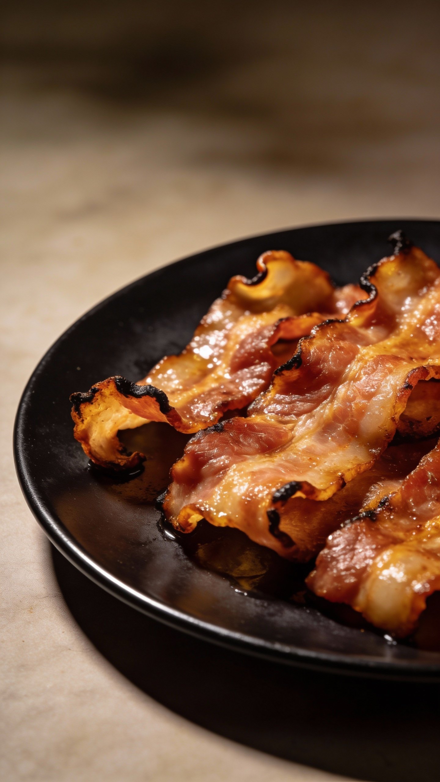 closeup of smoky bacon strips on matte black plate