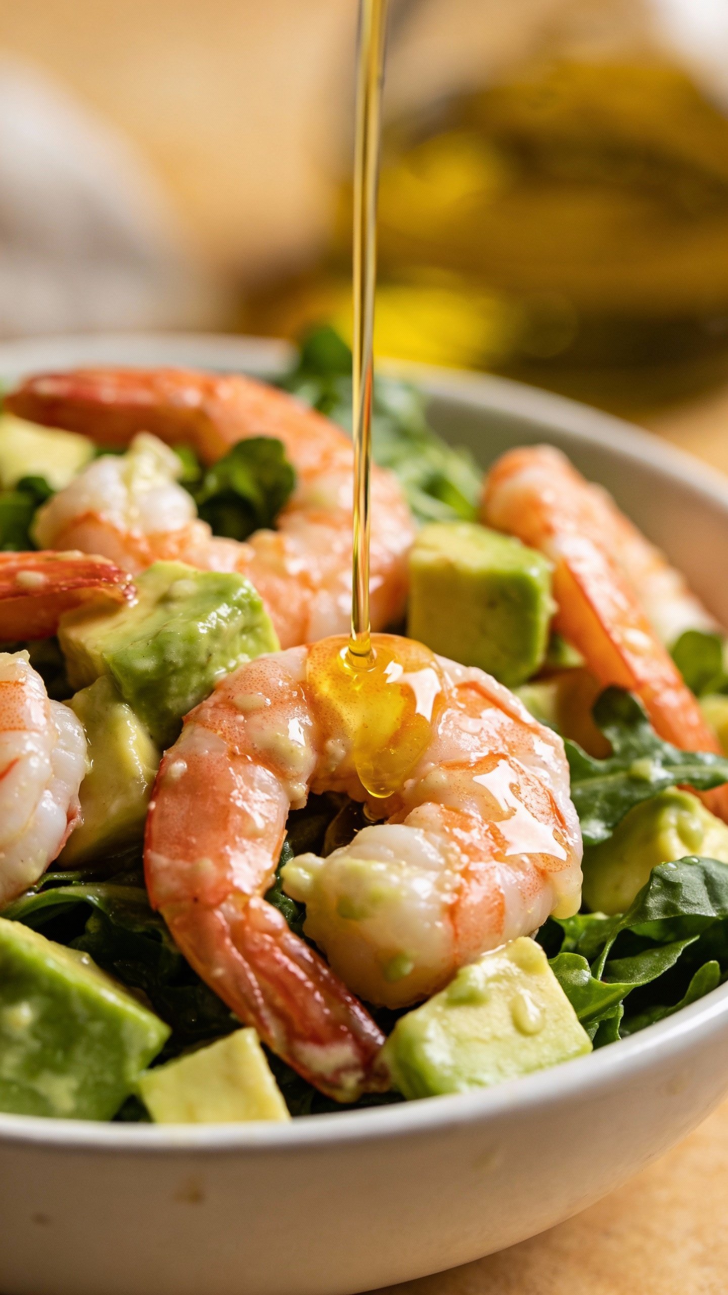 closeup keto shrimp and avocado salad in white bowl
