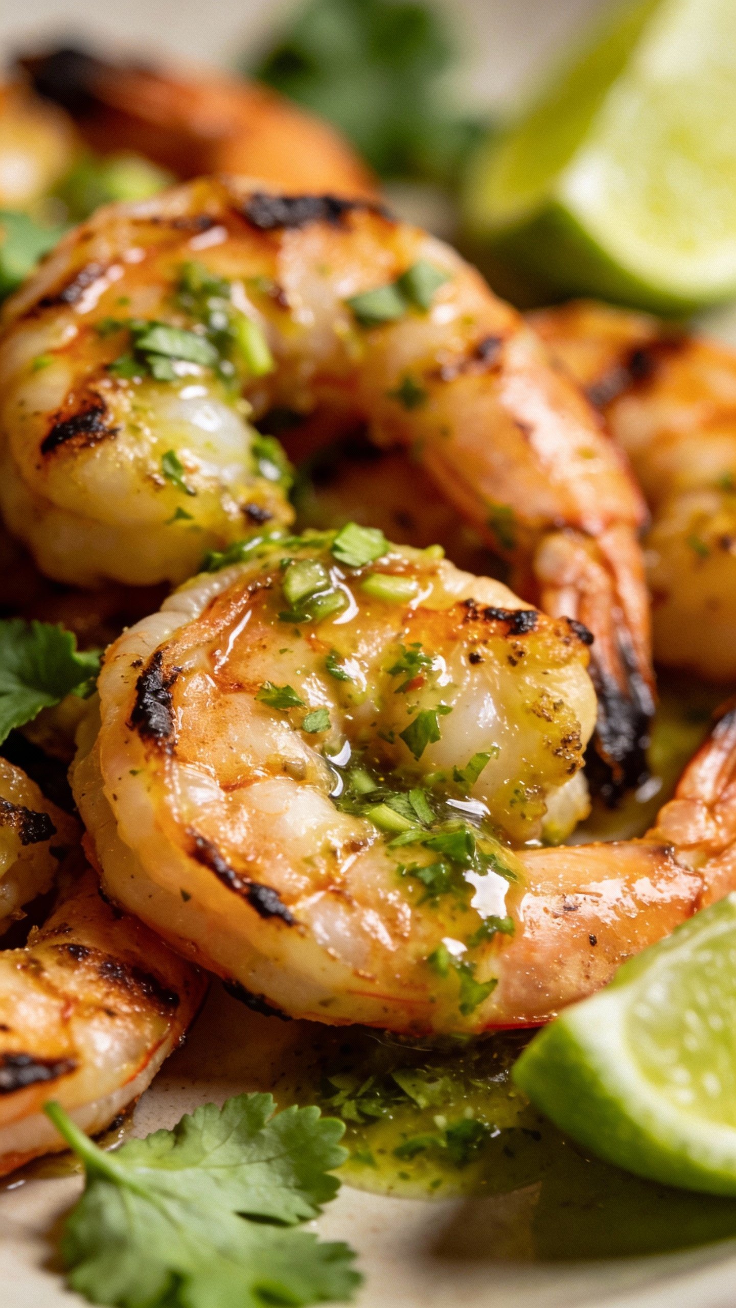 grilled shrimp with lime-cilantro dressing, macro shot
