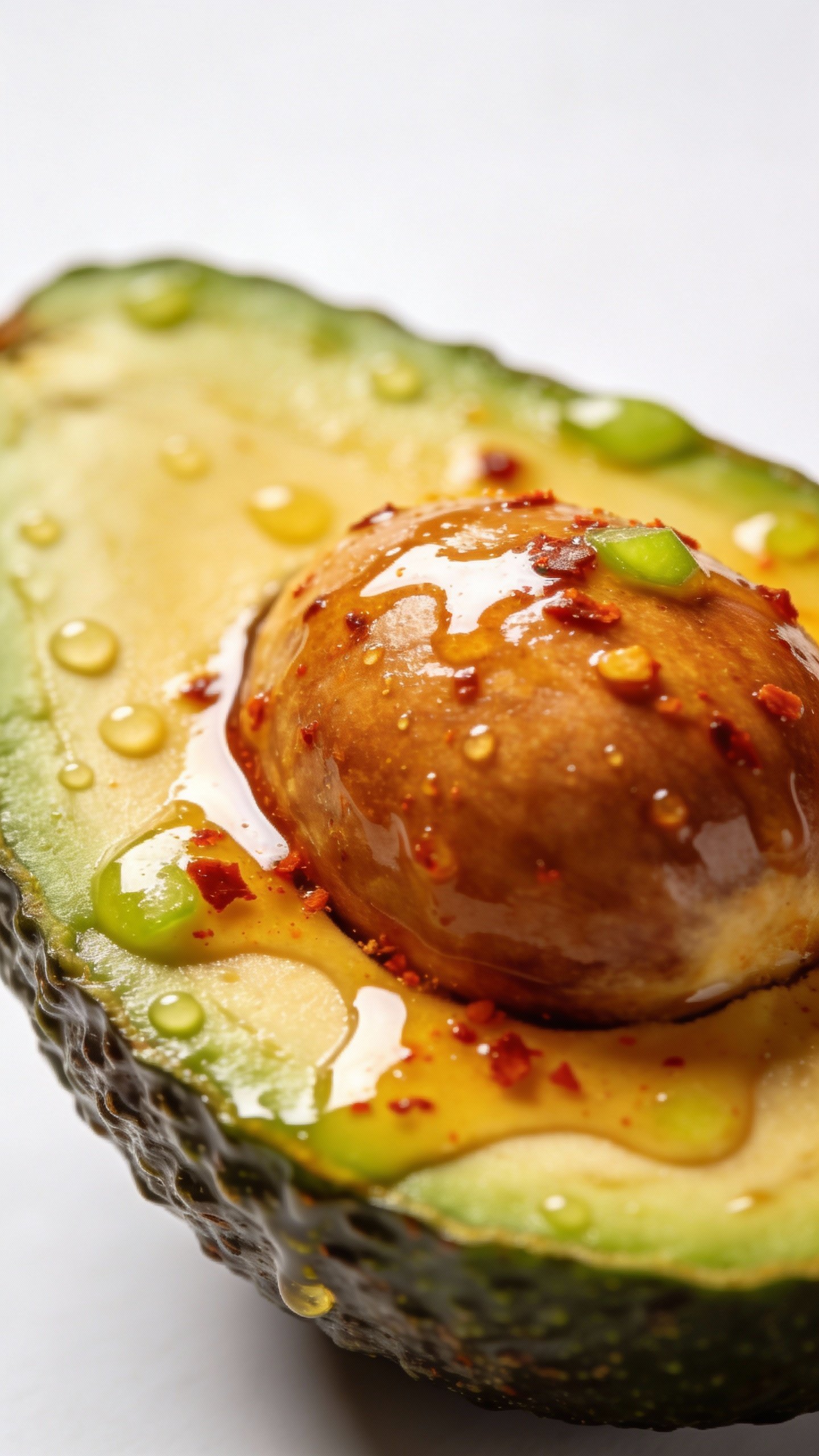 halved avocado with chili-lime drizzle, studio lighting