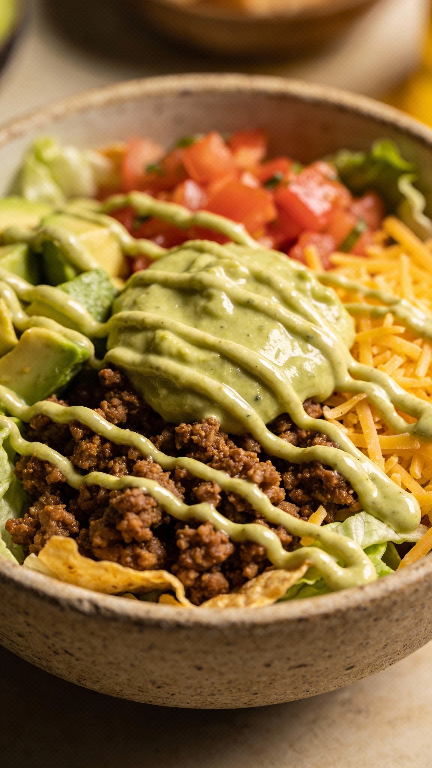 closeup keto taco salad bowl with guacamole drizzle