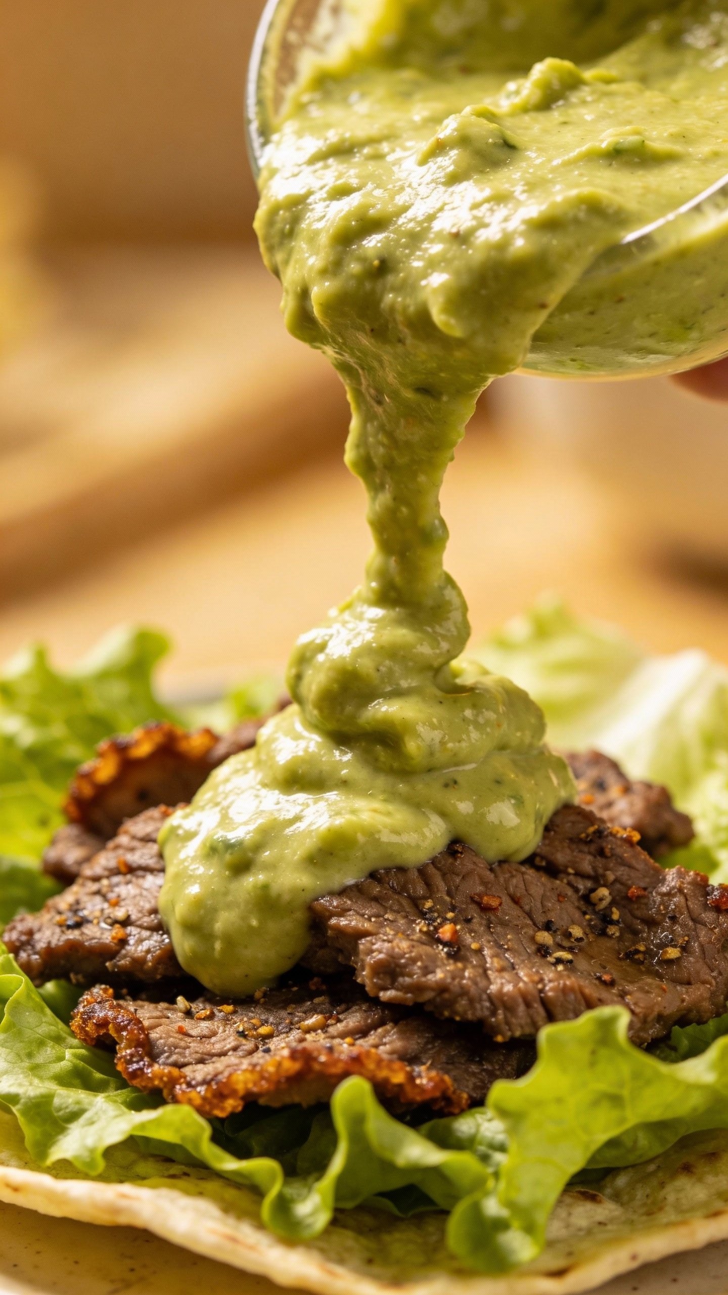guacamole drizzle pouring over seasoned beef lettuce base
