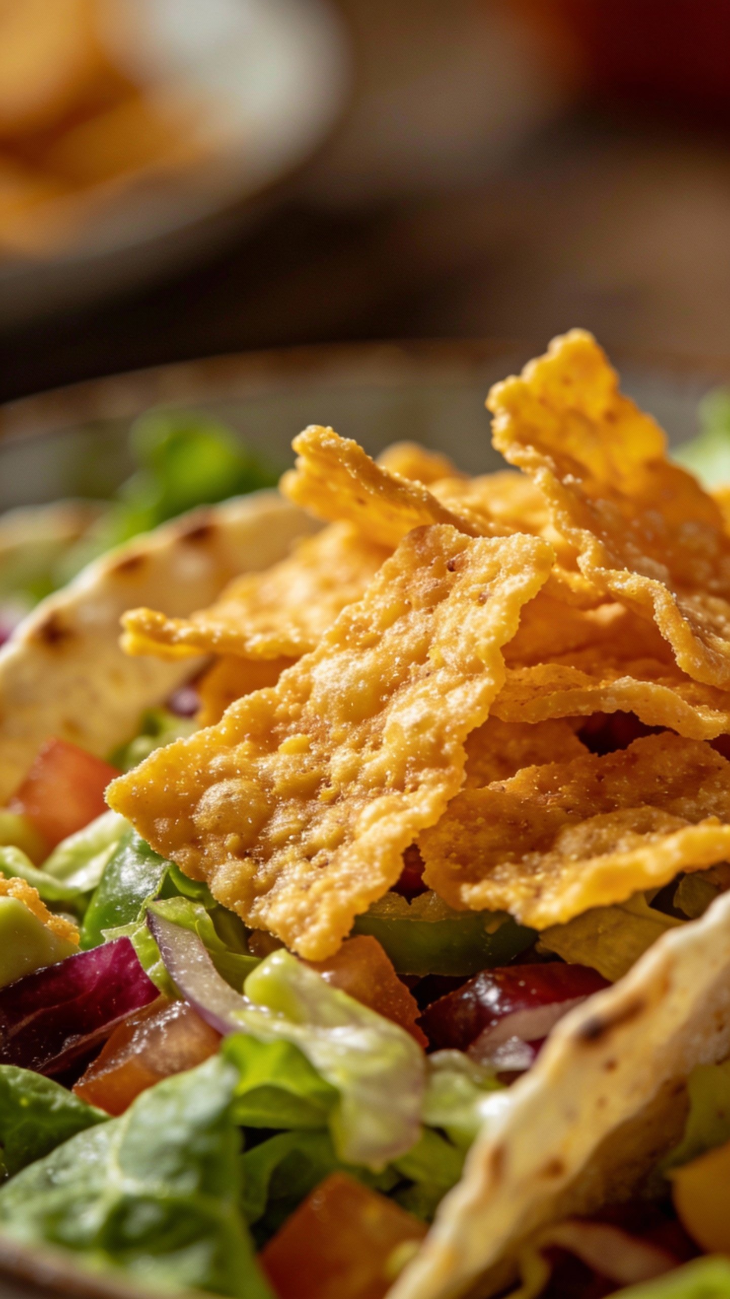 crunchy cheese crisps topping keto taco salad, macro shot