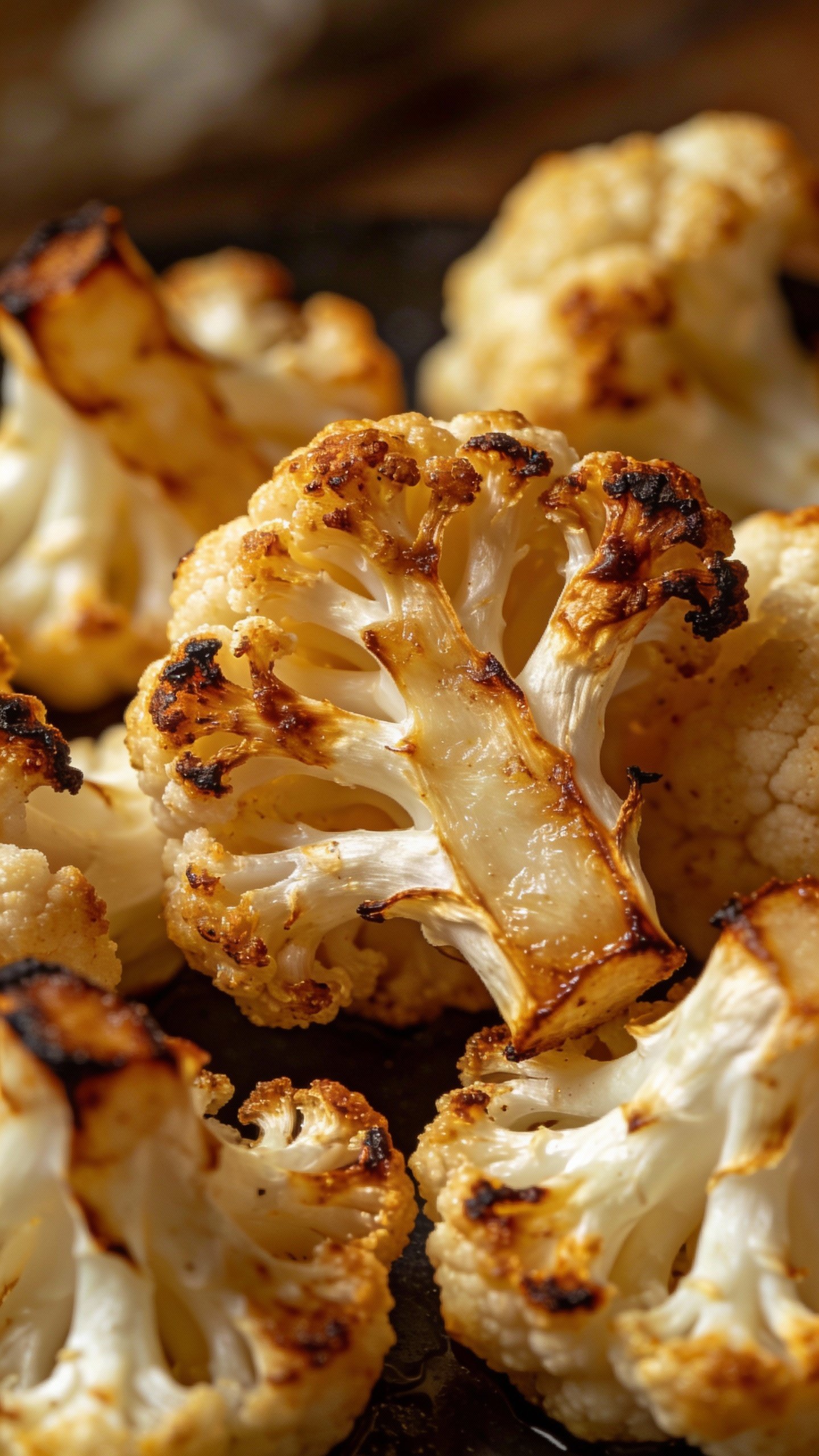 closeup of roasted cauliflower florets with crispy edges