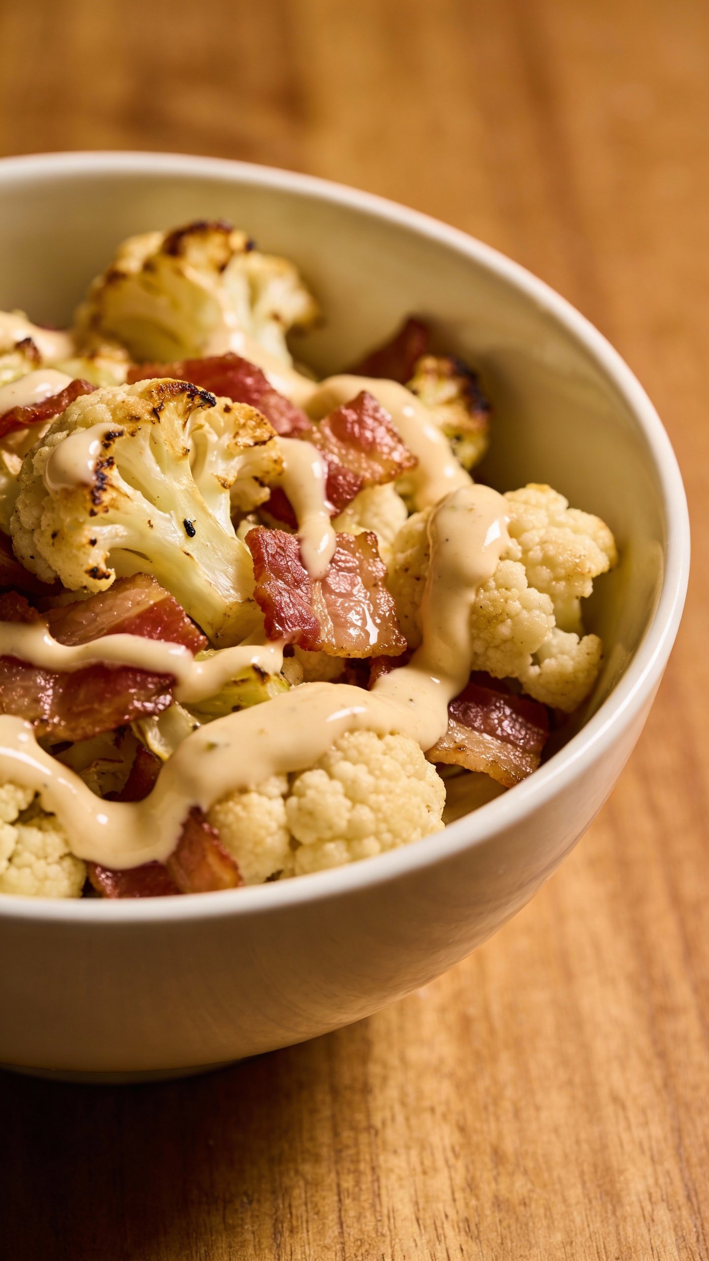 single bowl of keto cauliflower bacon salad, creamy dressing