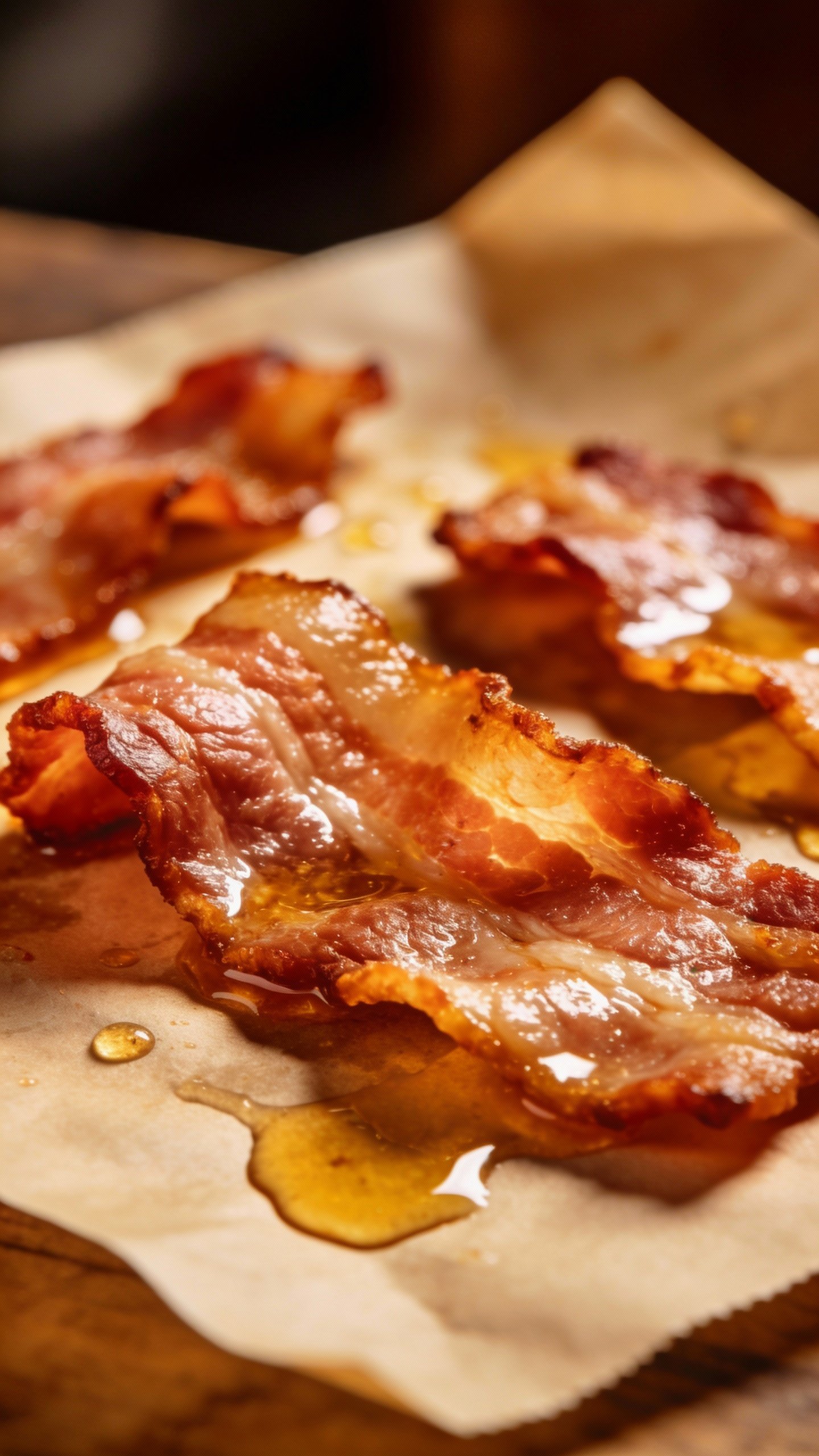 crispy bacon slices on parchment, golden rendered fat closeup