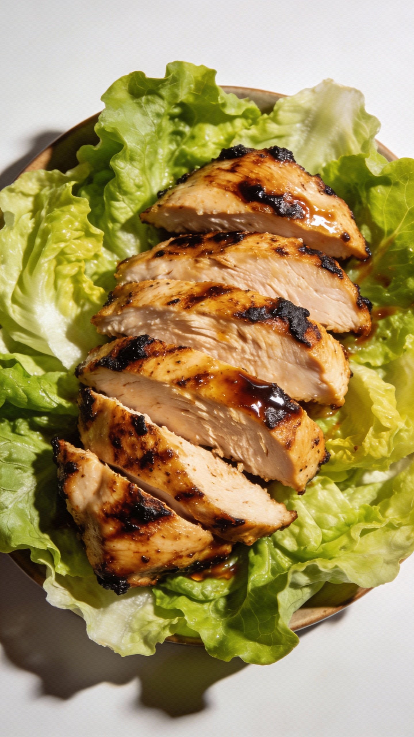 grilled smoky chicken breast slices on romaine, studio lighting
