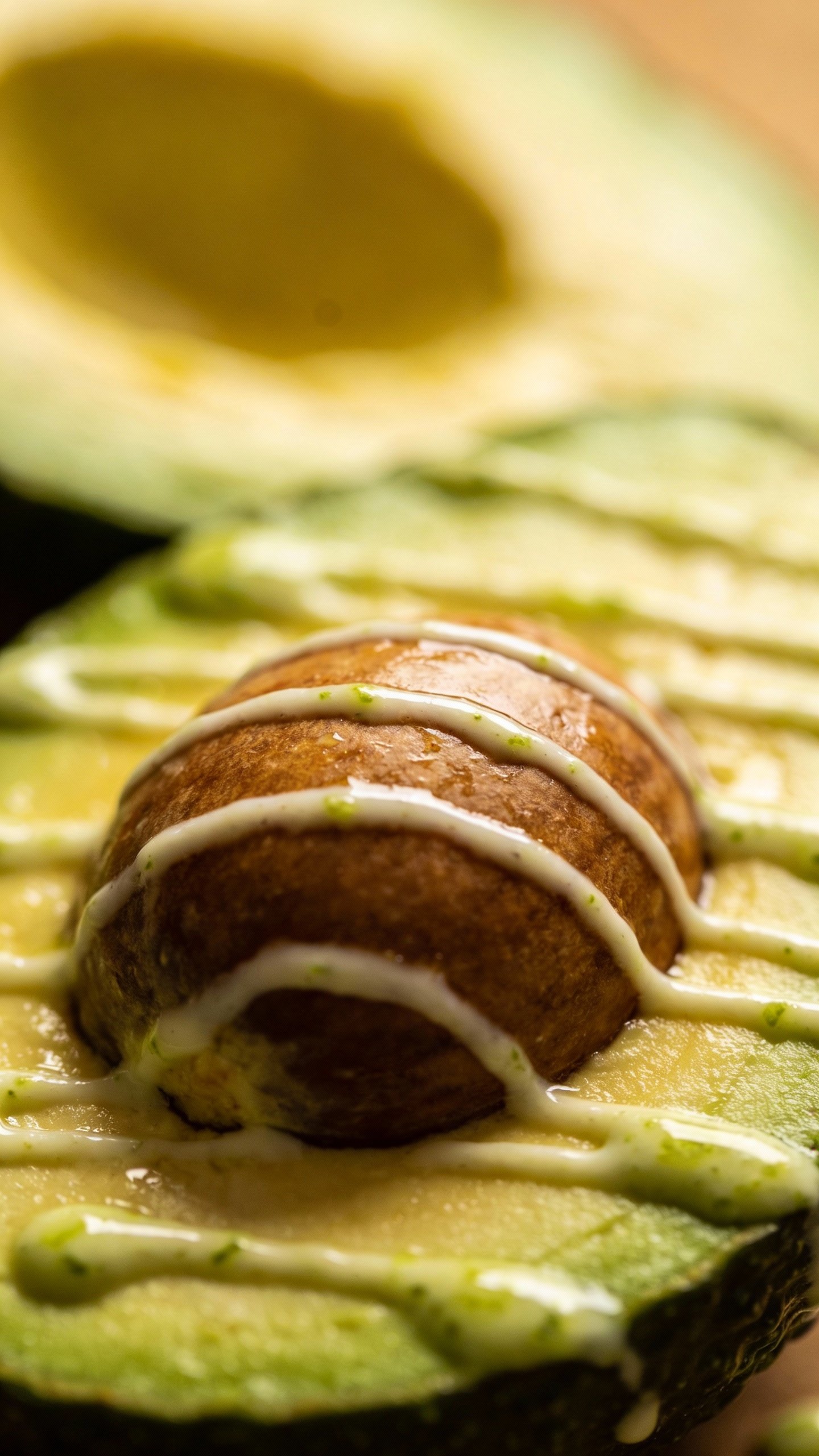avocado half with lime crema drizzle, macro food shot