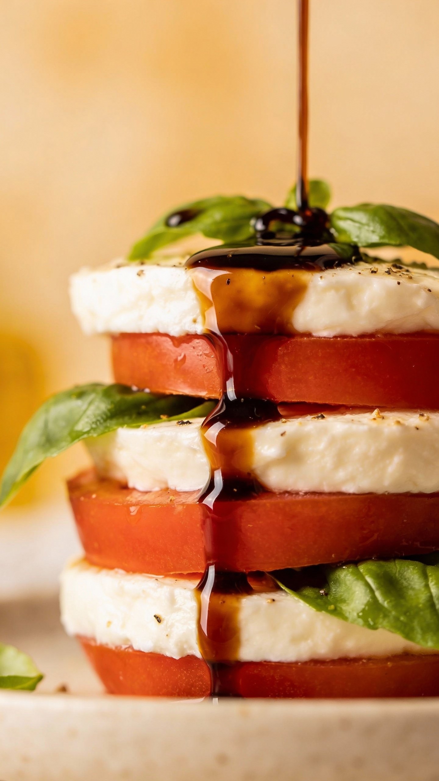 Closeup keto Caprese stack with sugar-free balsamic glaze