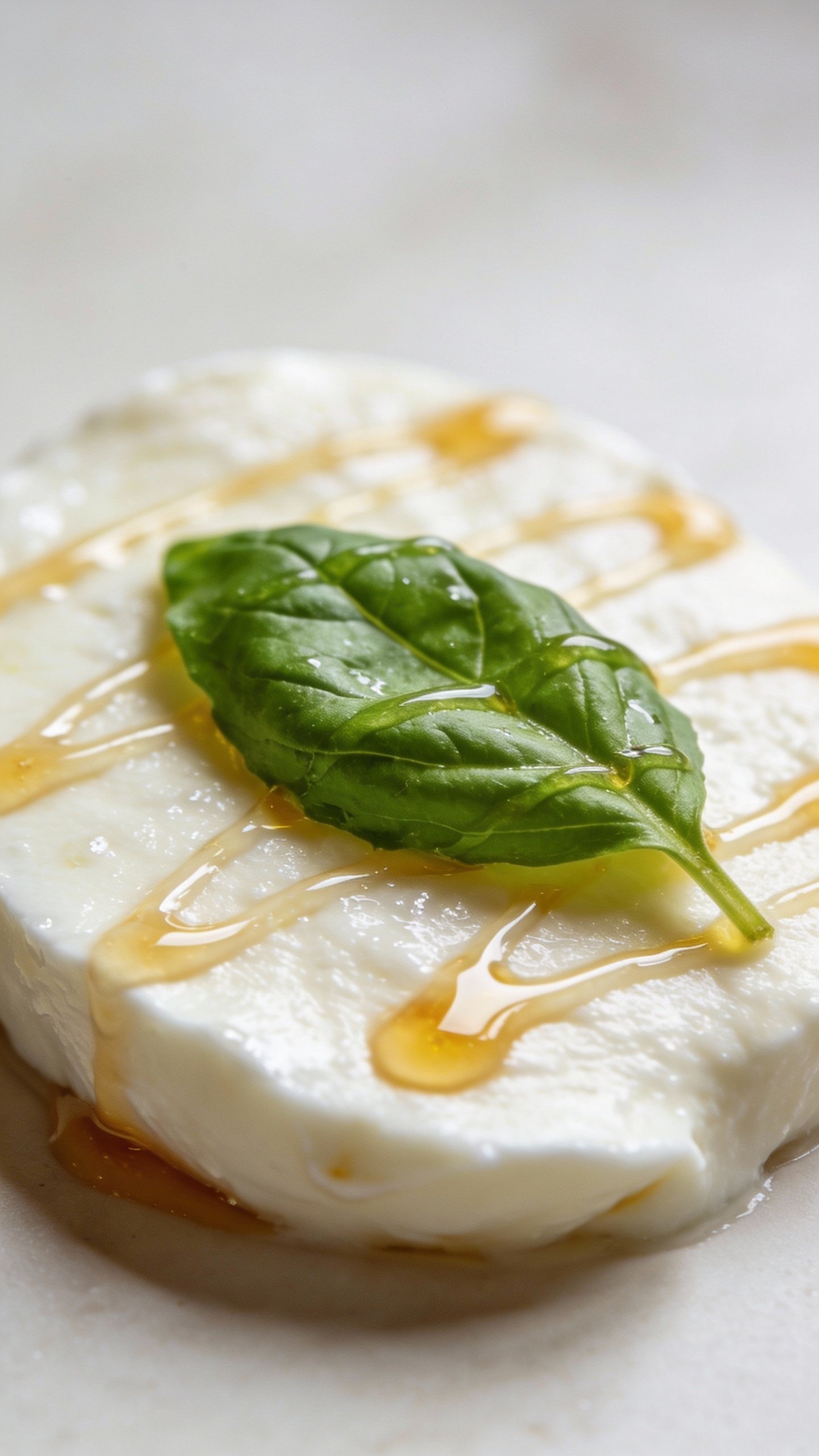 Fresh mozzarella slice with basil leaf, keto glaze drizzle