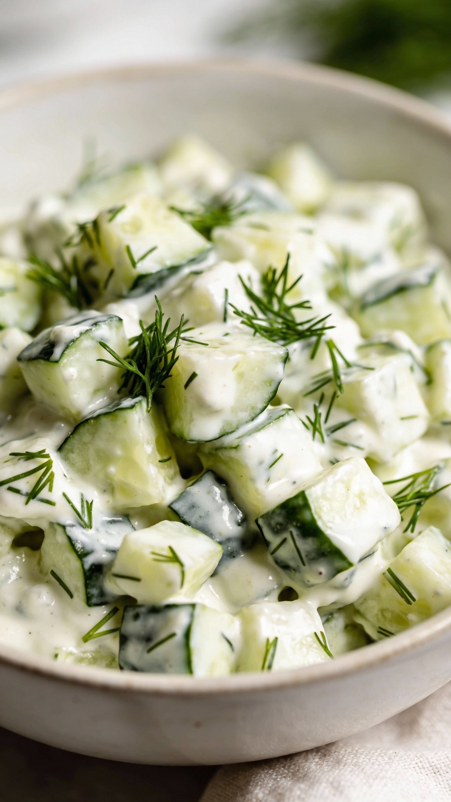 closeup bowl of creamy cucumber dill keto salad