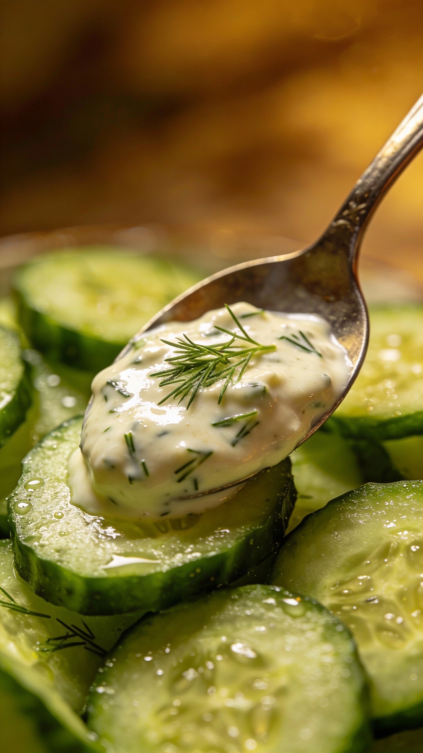 spoonful of dill-studded creamy dressing over cucumber