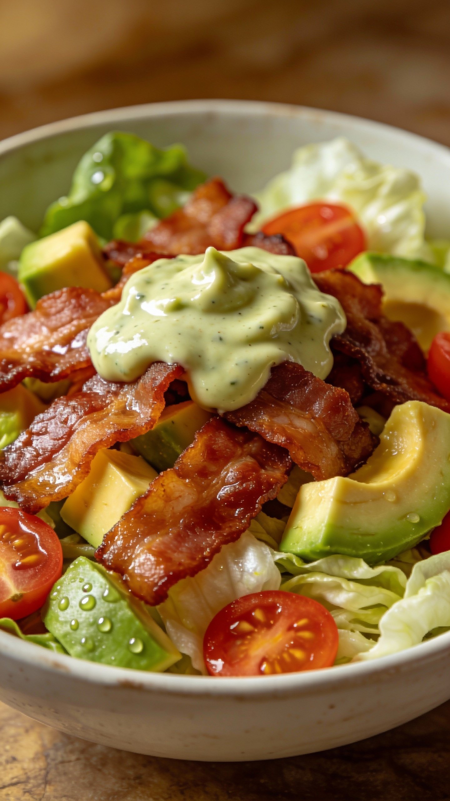 closeup bowl of keto BLT salad with avocado ranch