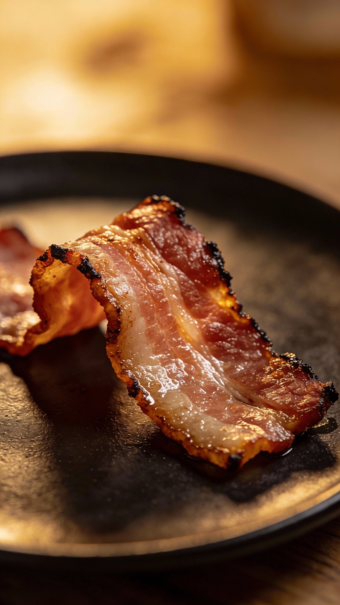 thick-cut crispy bacon slice on matte black plate