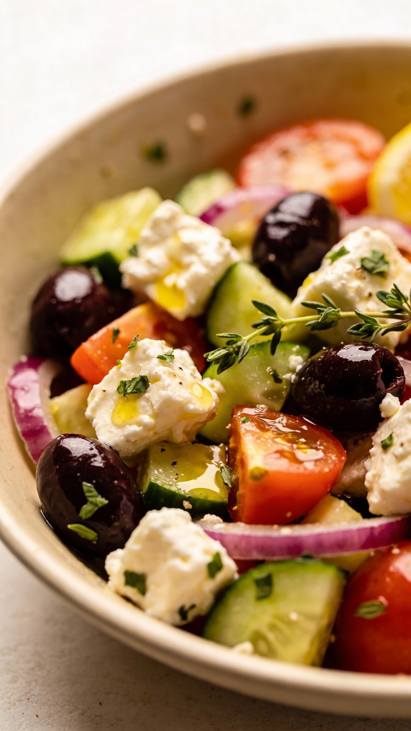 closeup bowl of keto Greek salad with feta and olives