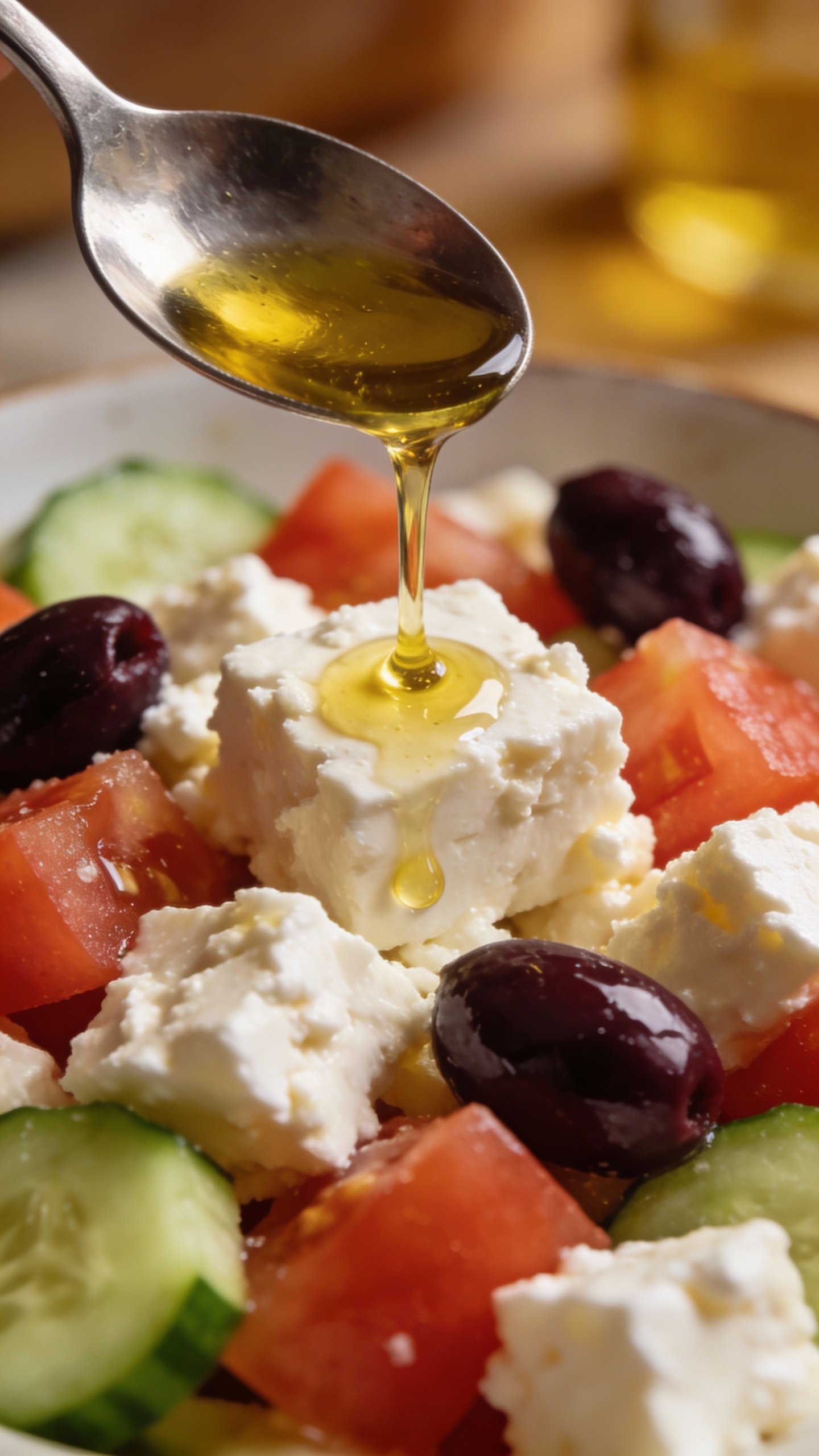 spoon drizzling olive oil over Greek salad feta cubes