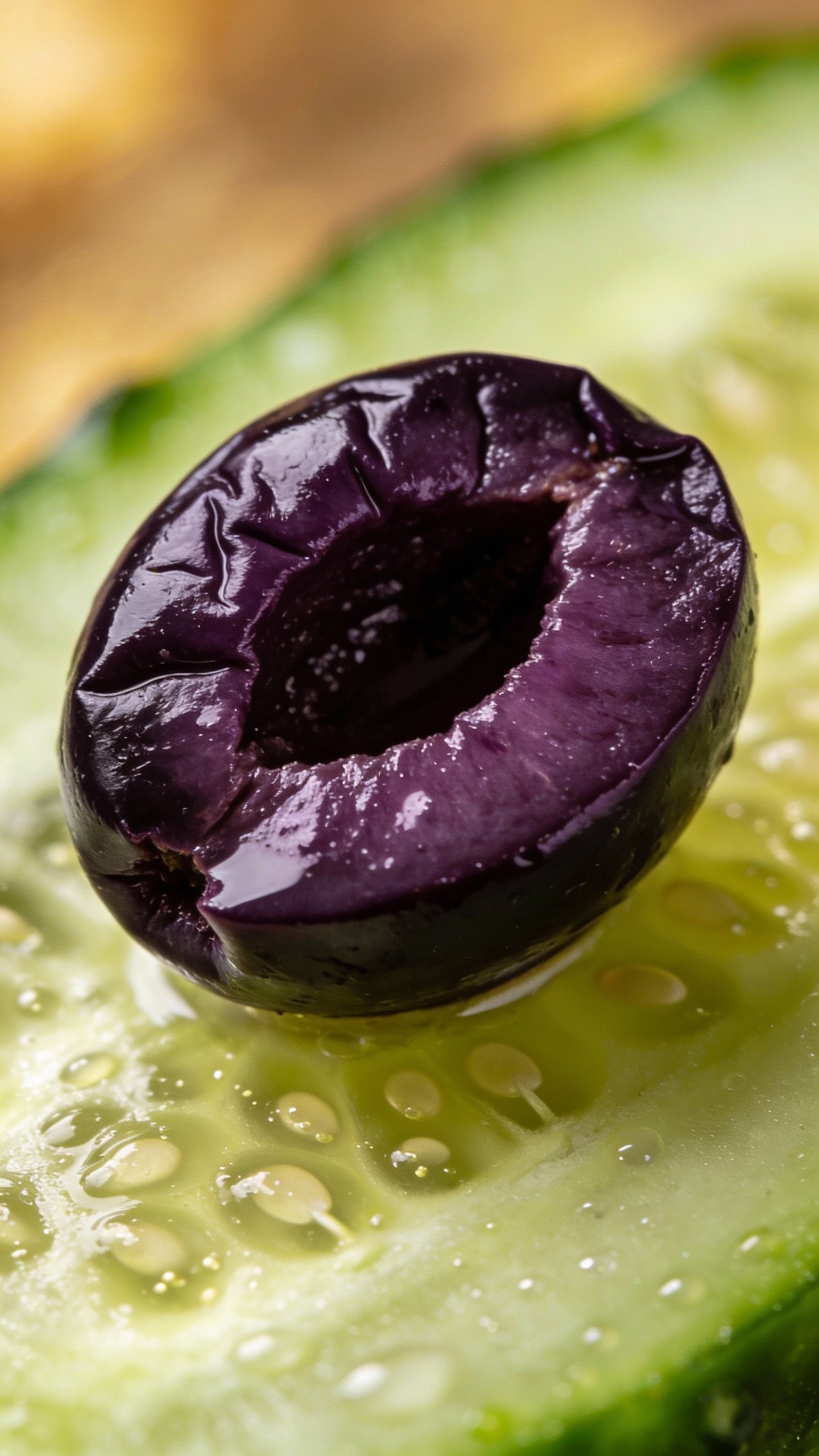 macro shot of halved Kalamata olive on cucumber slice
