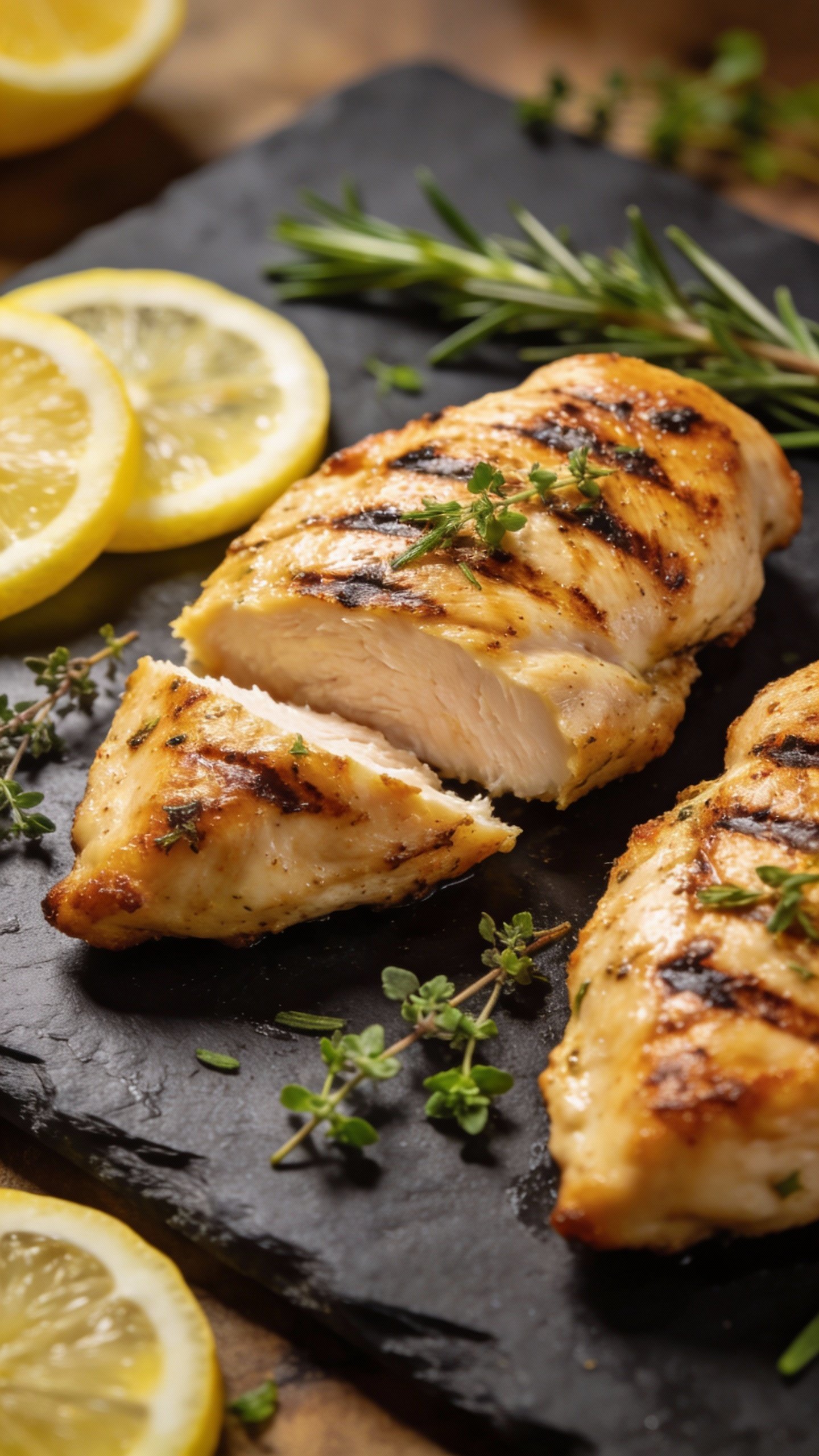 closeup of lemon herb grilled chicken breast on slate plate
