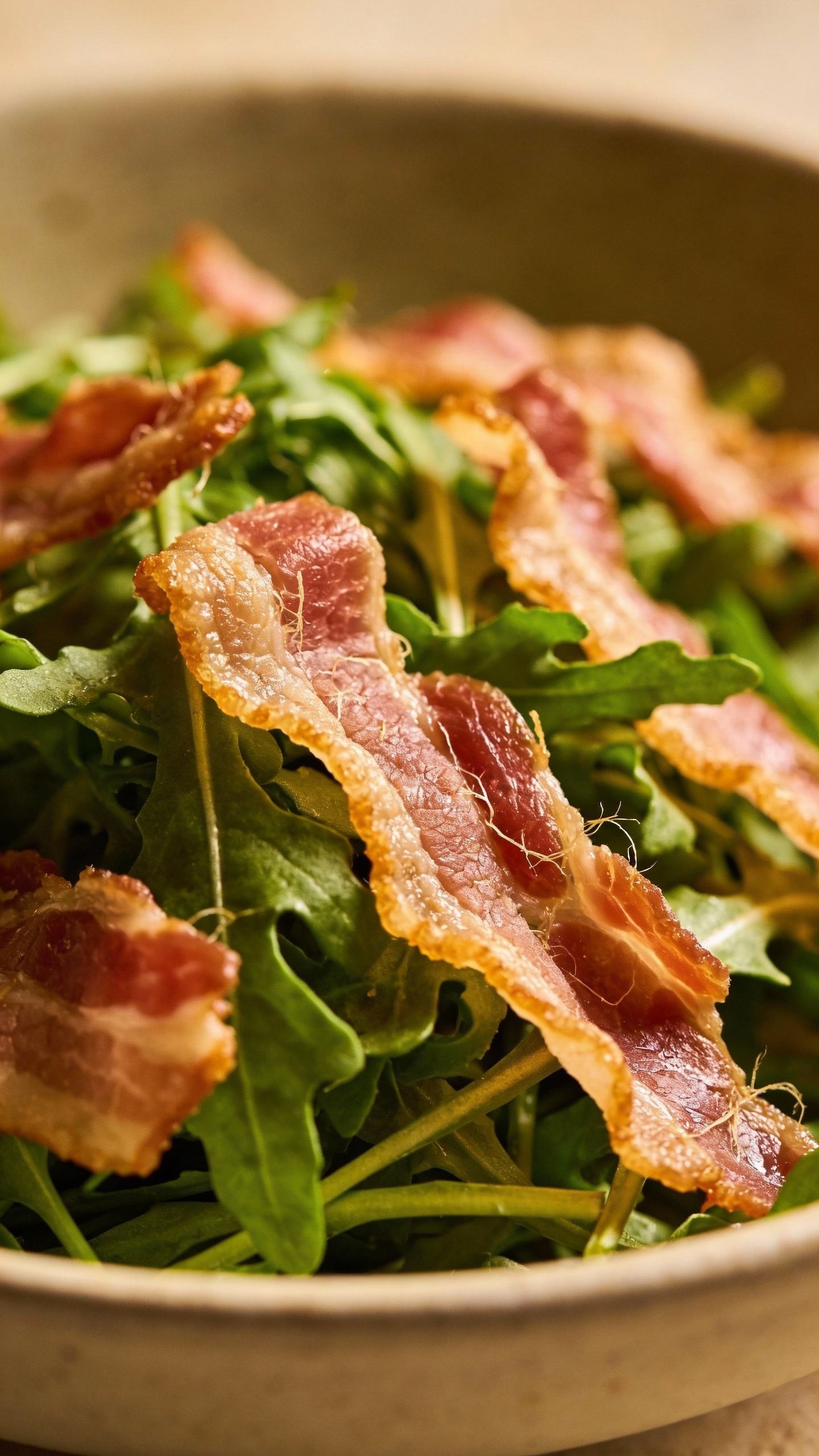 Closeup bowl of arugula salad with crispy prosciutto