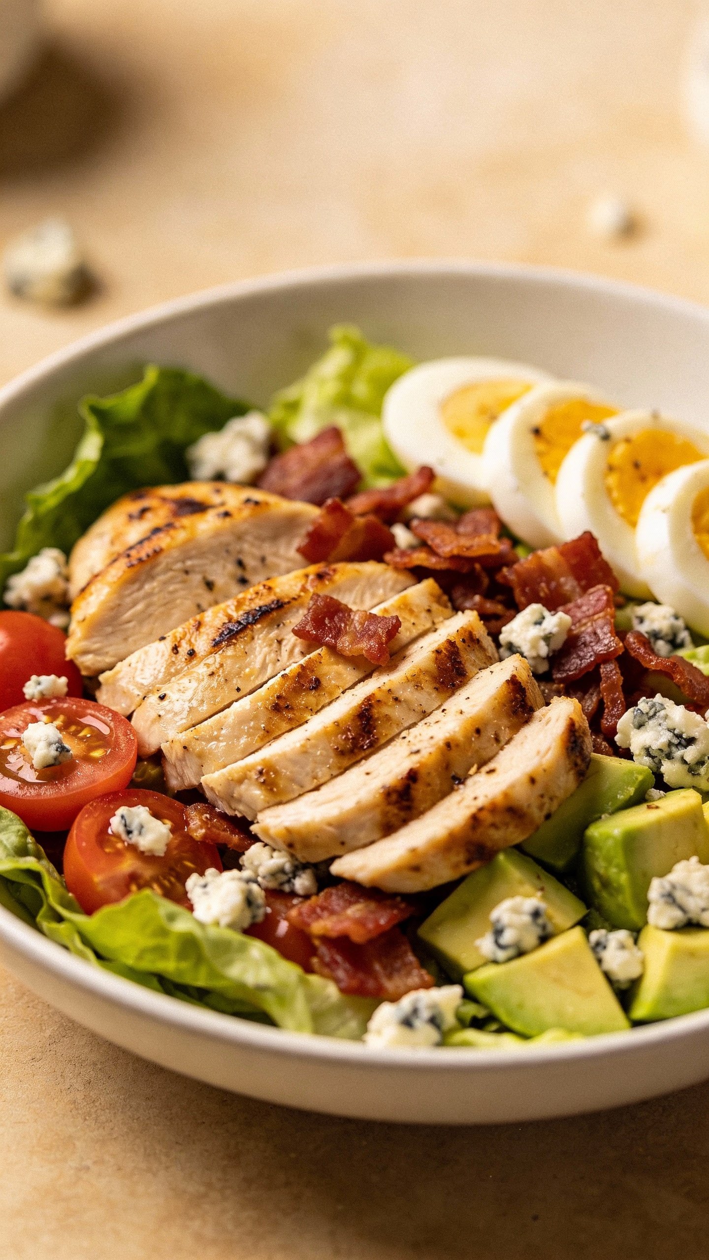 closeup keto cobb salad in shallow white bowl