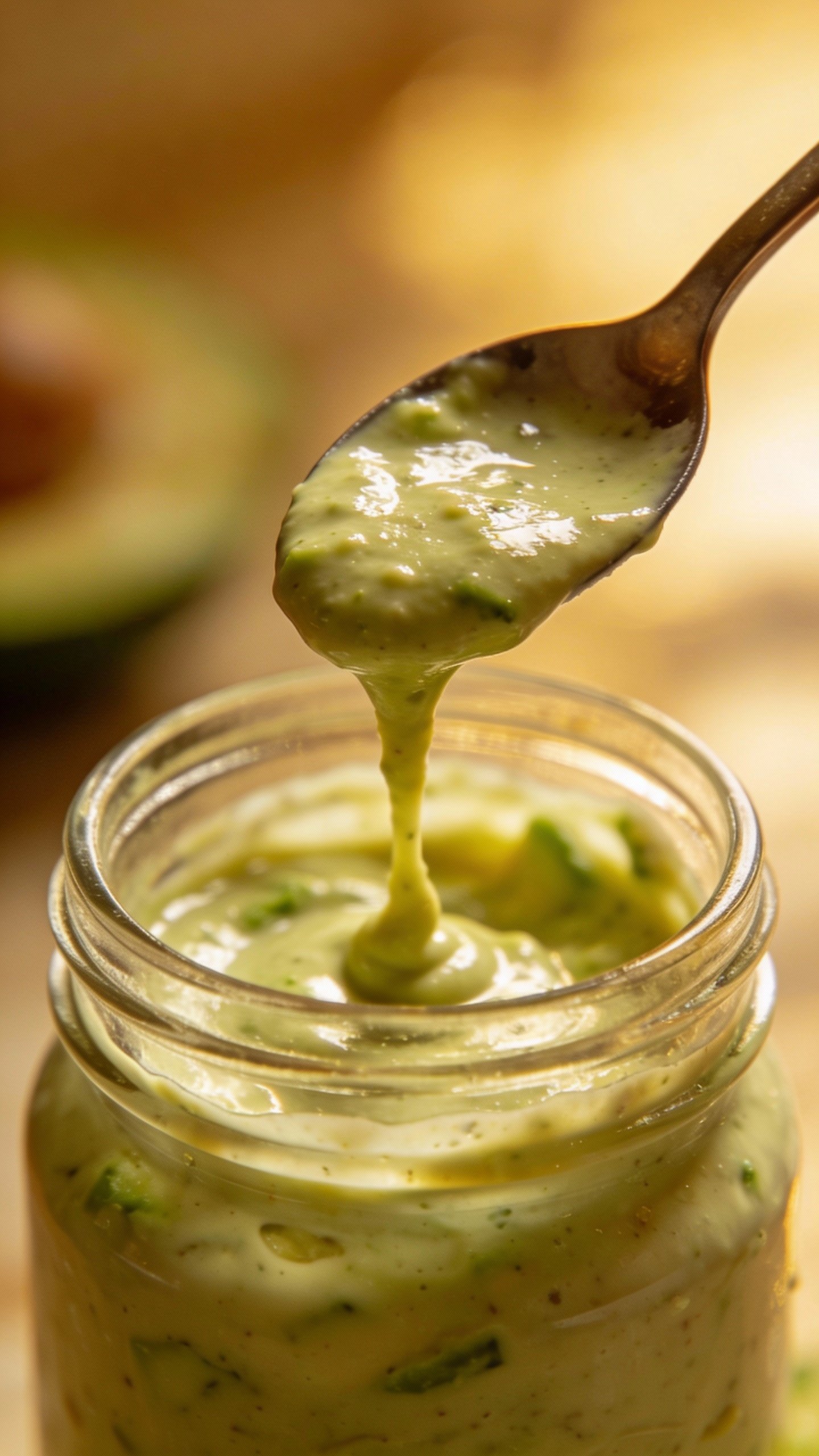creamy avocado dressing in glass jar, spoon drizzle