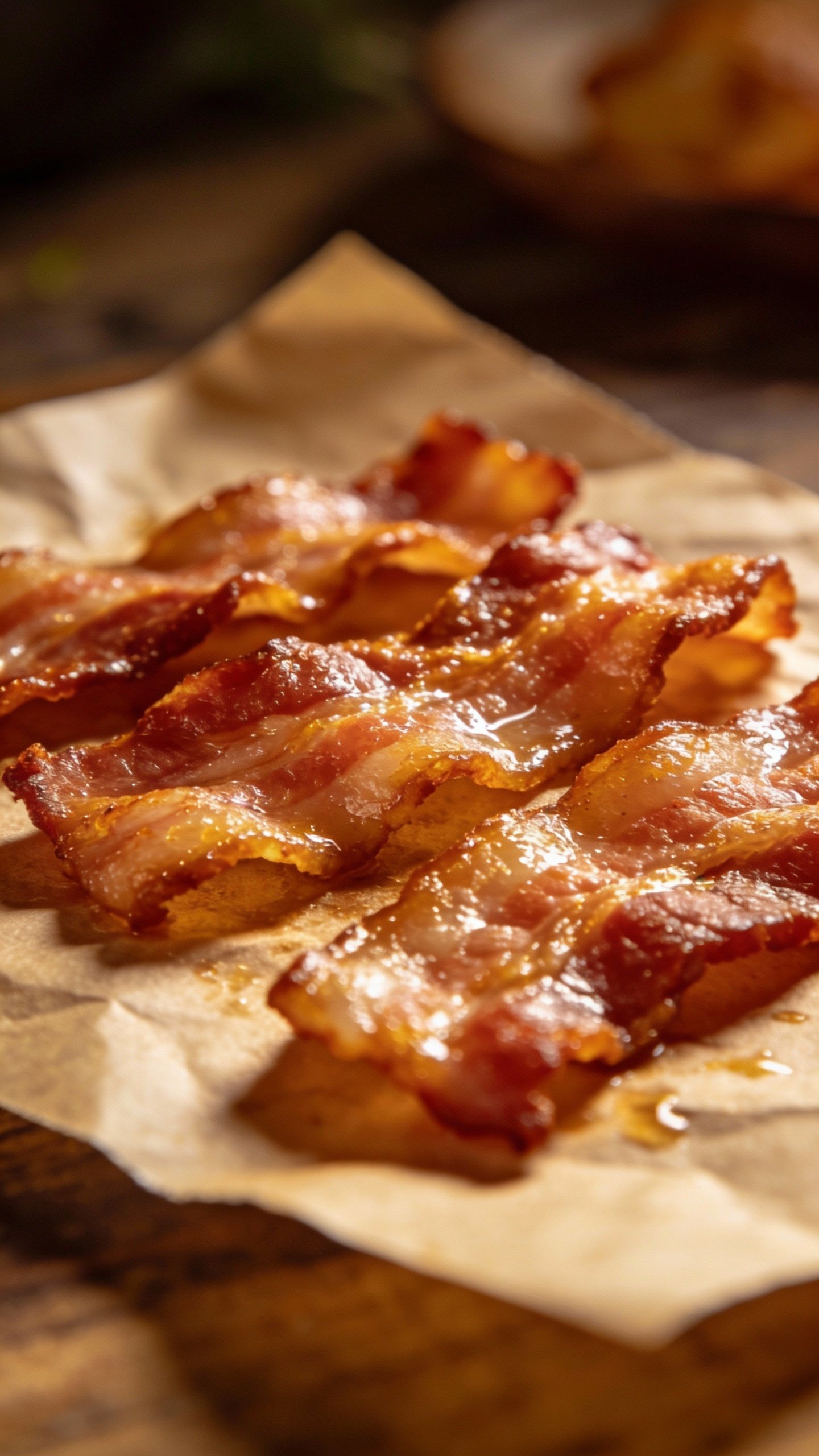 crispy bacon slices on parchment, golden and glistening