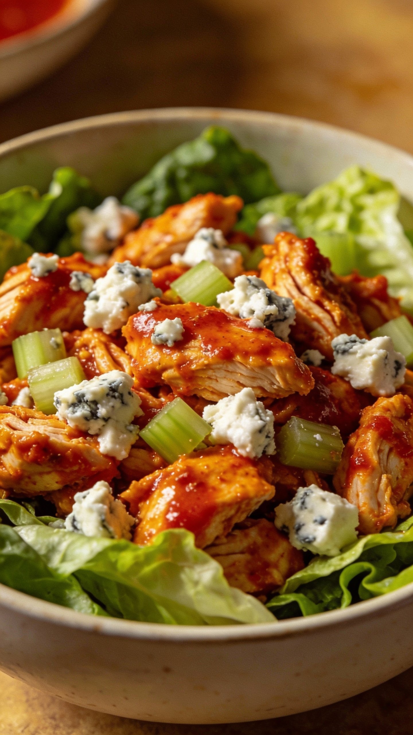 closeup bowl of keto buffalo chicken salad, blue cheese crumbles