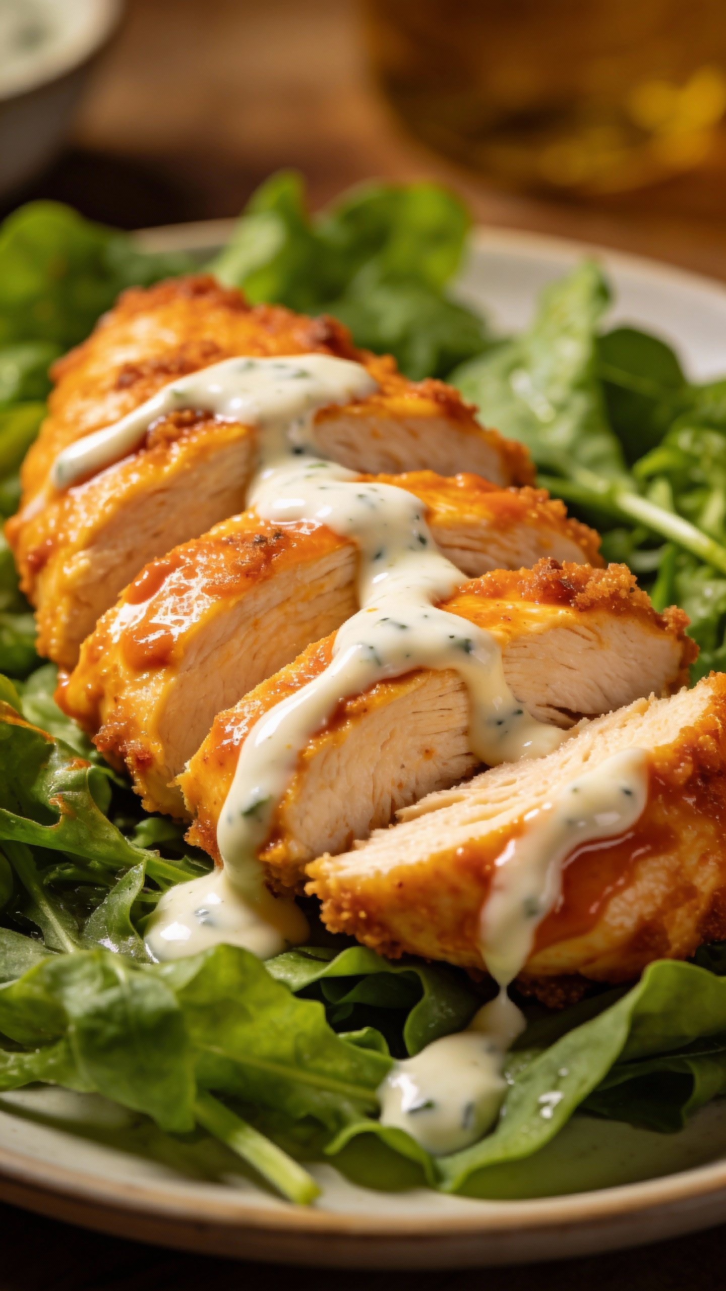 single buffalo chicken breast sliced on greens, creamy ranch drizzle