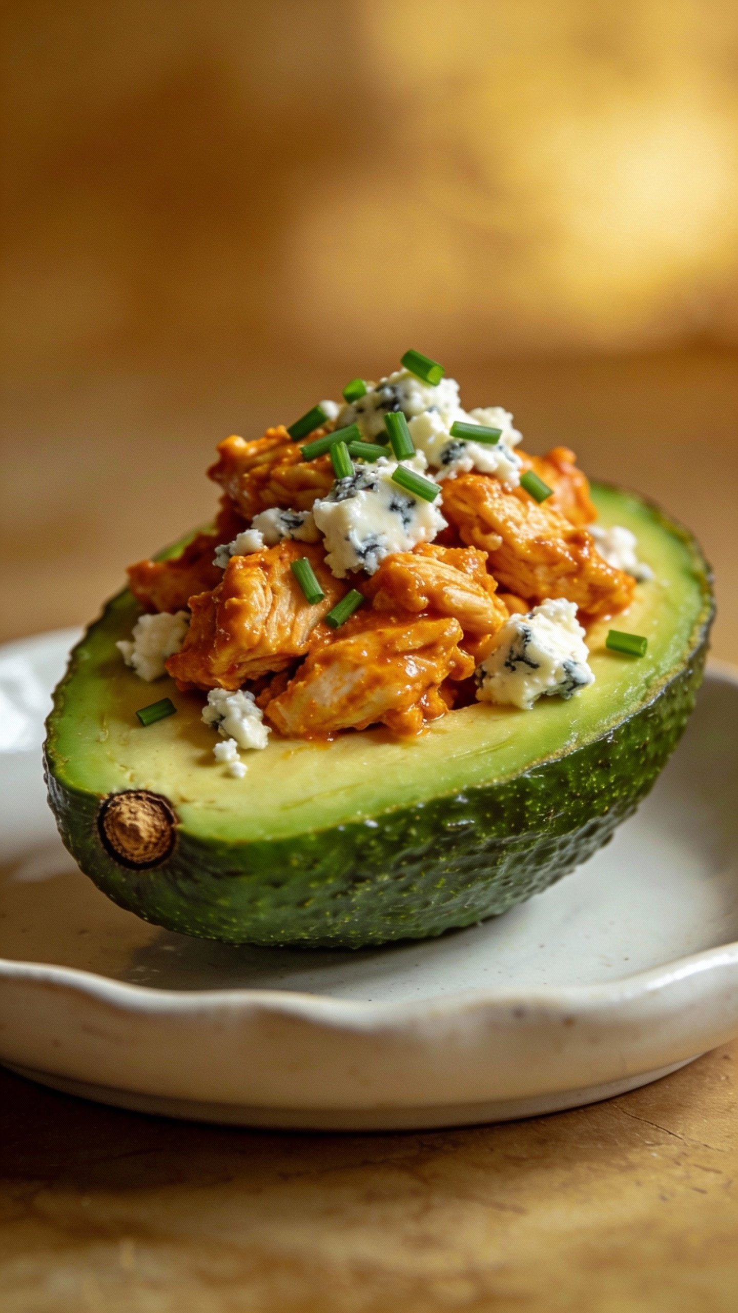 avocado half topped with buffalo chicken, blue cheese, chives