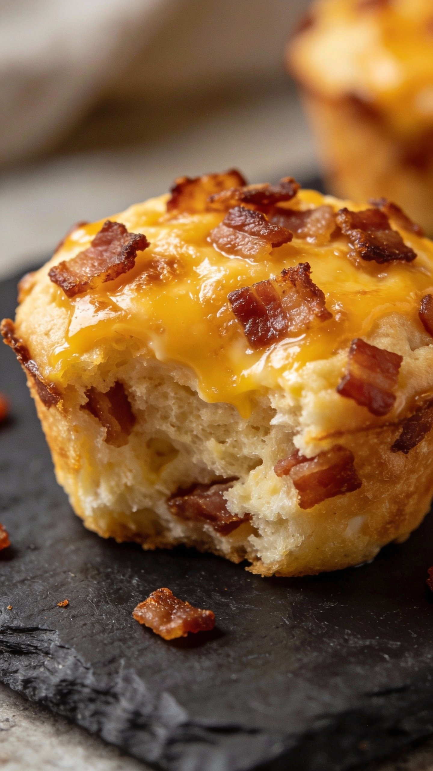 closeup of a single cheesy bacon keto muffin on slate