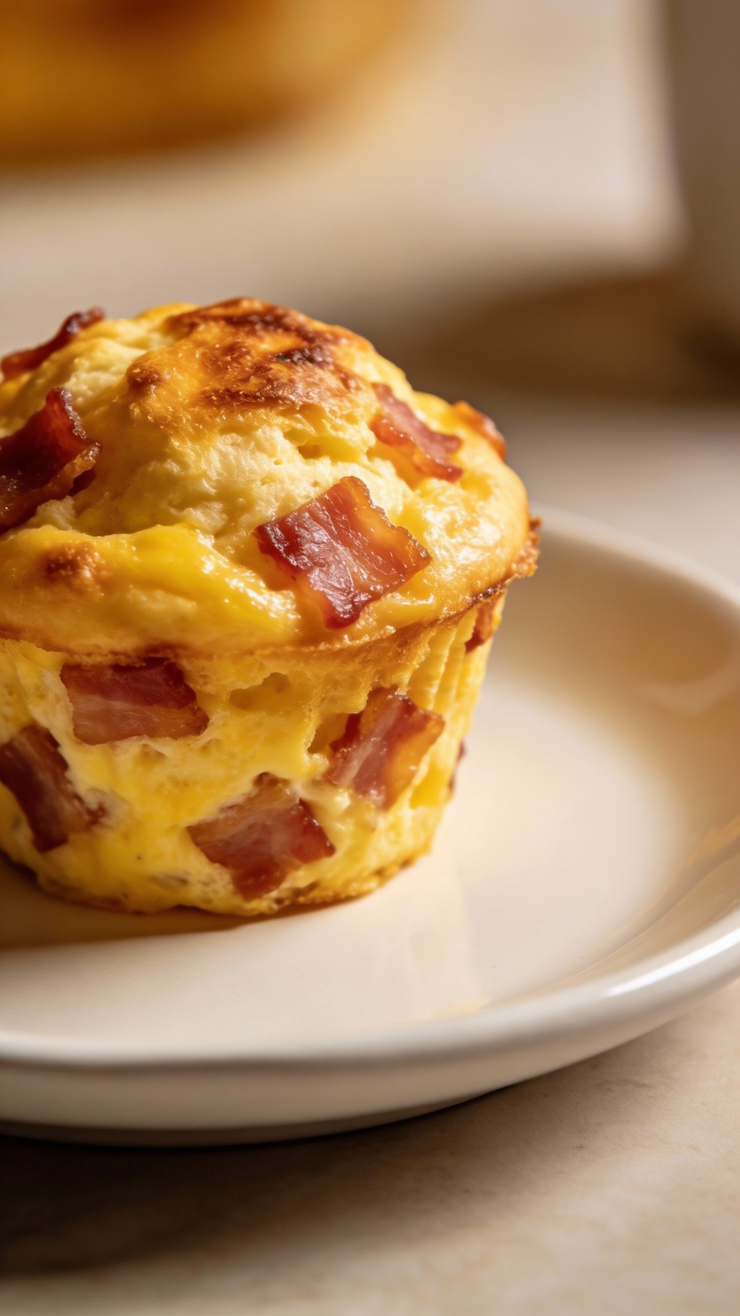 single bacon-studded egg muffin on white ceramic plate