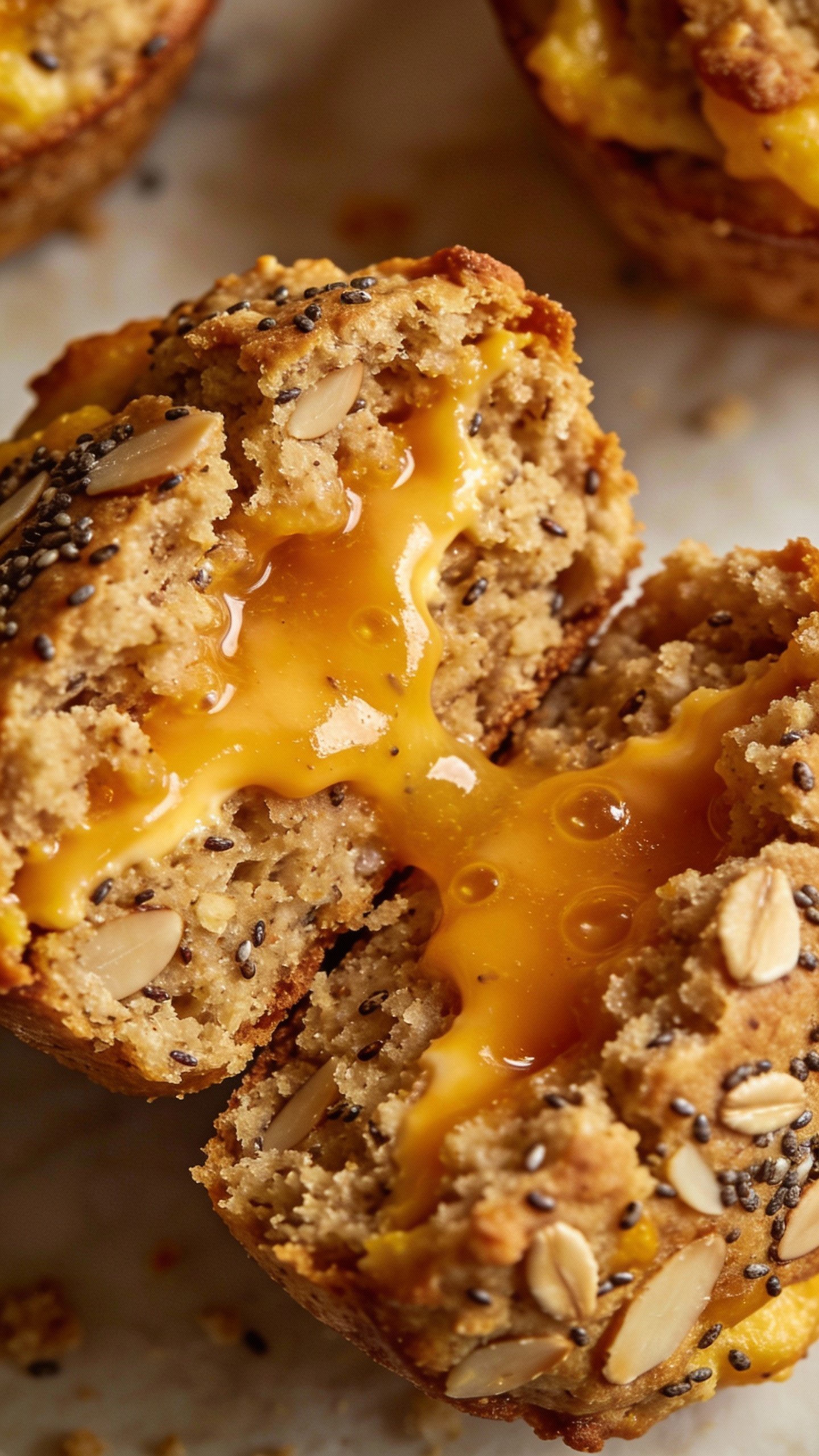 overhead of one sliced keto breakfast muffin showing melted cheese