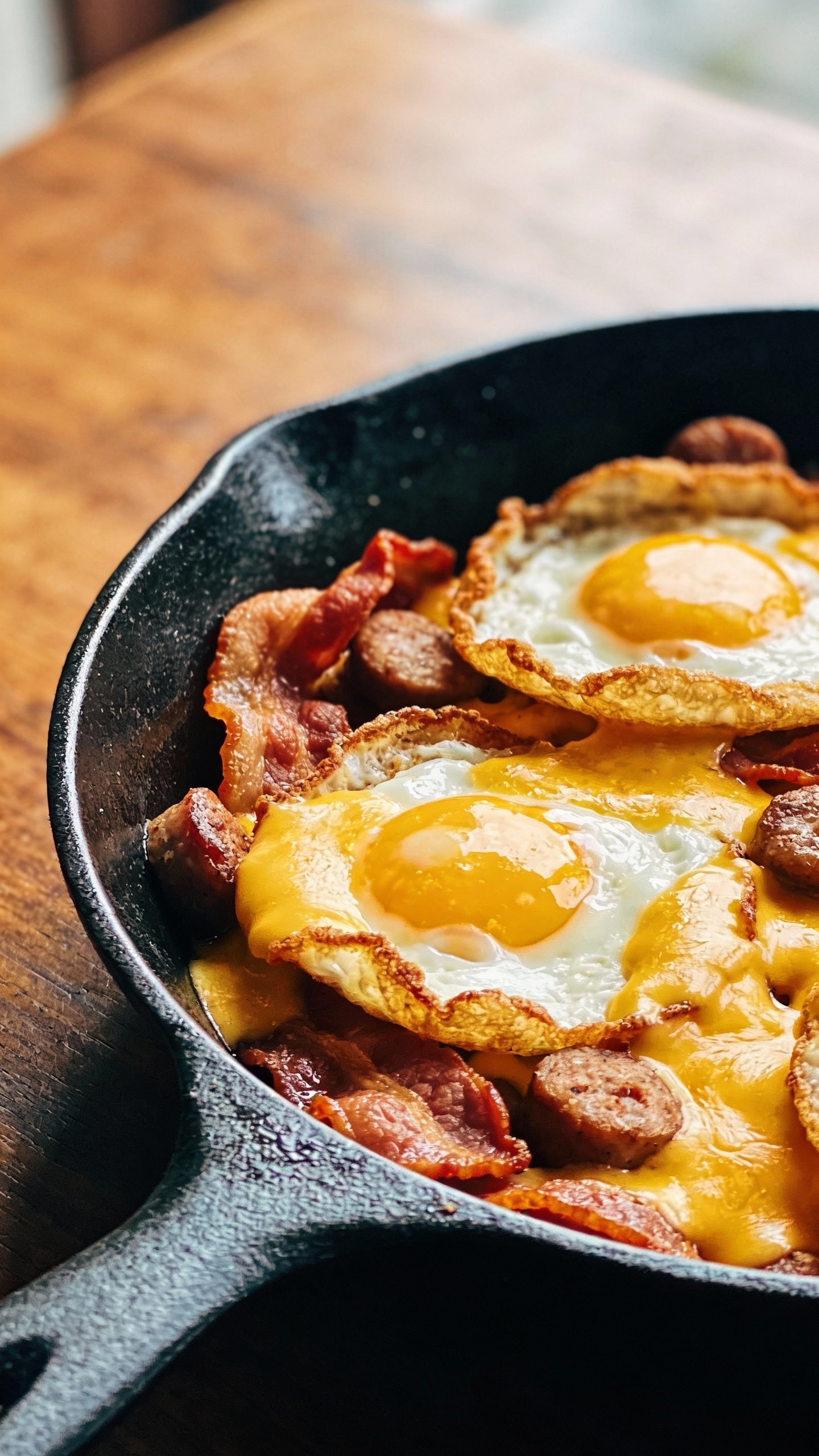 cast-iron keto breakfast skillet, crispy edges, cheese melt