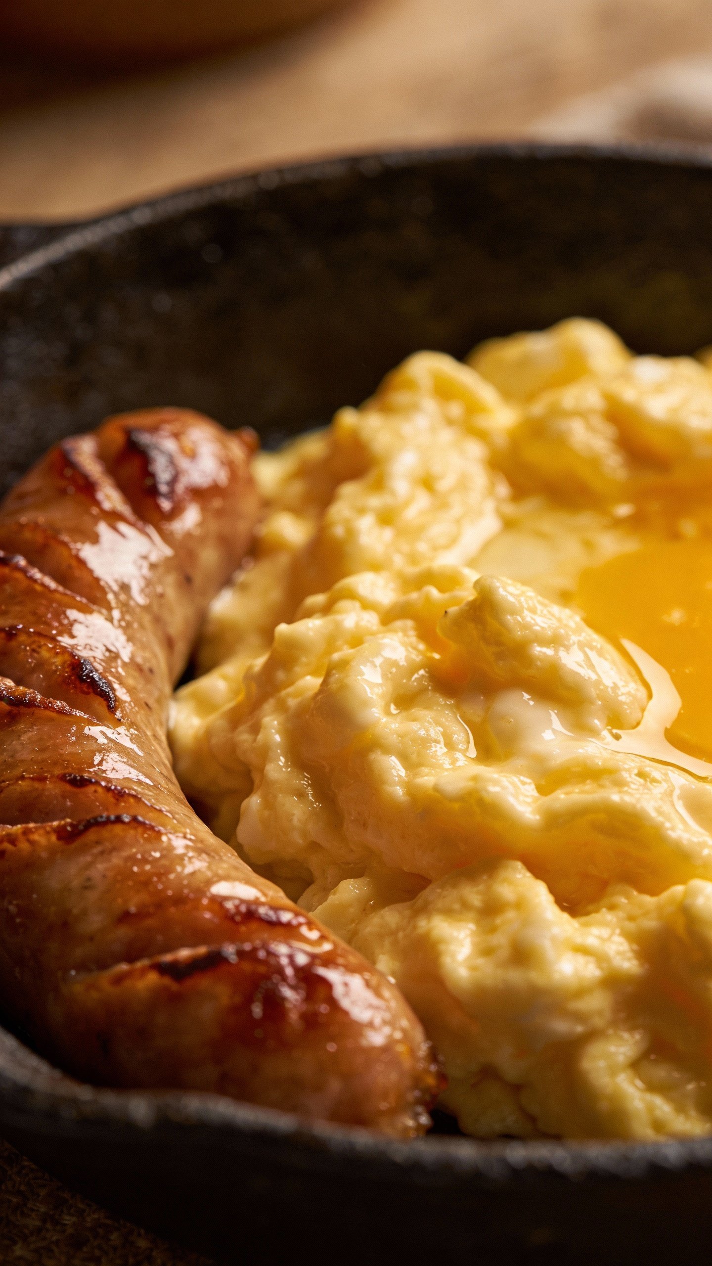 closeup soft-scrambled eggs in skillet with caramelized sausage