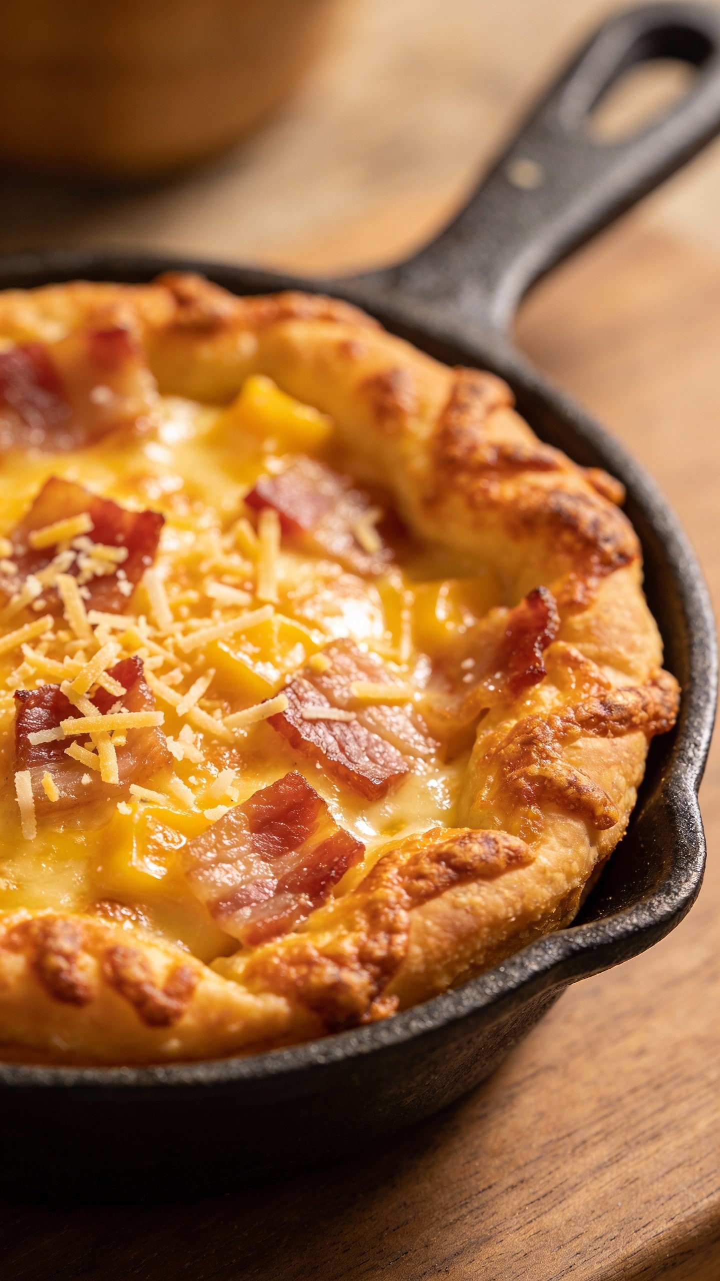 golden-brown bacon and cheddar crust in small cast-iron pan