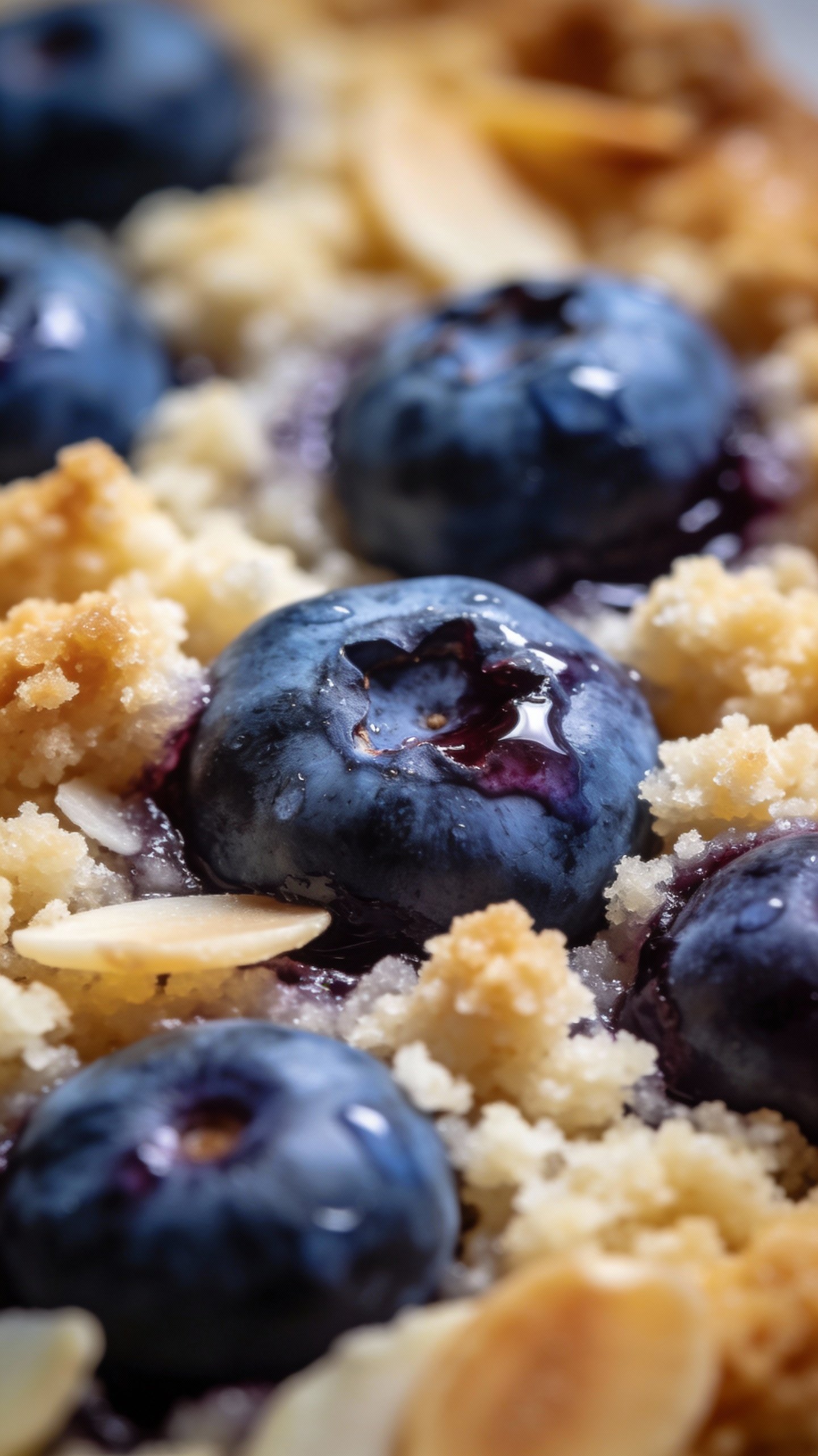 macro of juicy blueberries baked into almond flour crumb