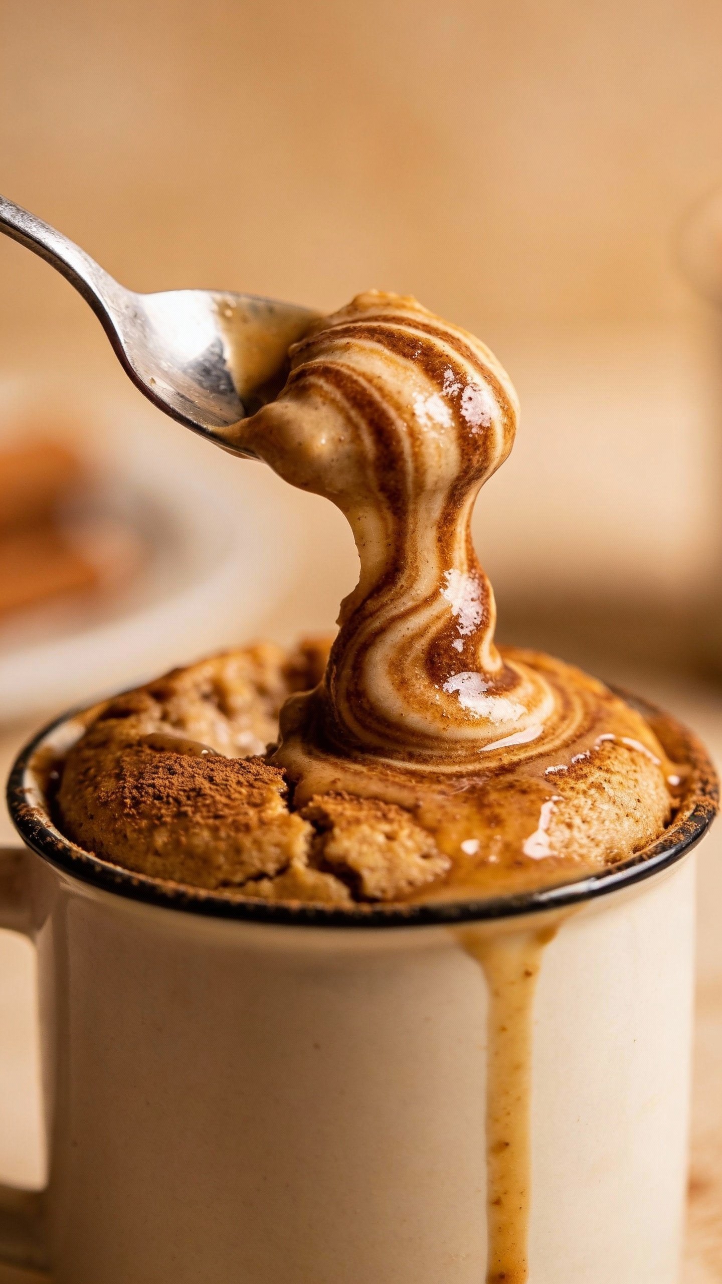 spoon lifting gooey cinnamon swirl from keto mug cake