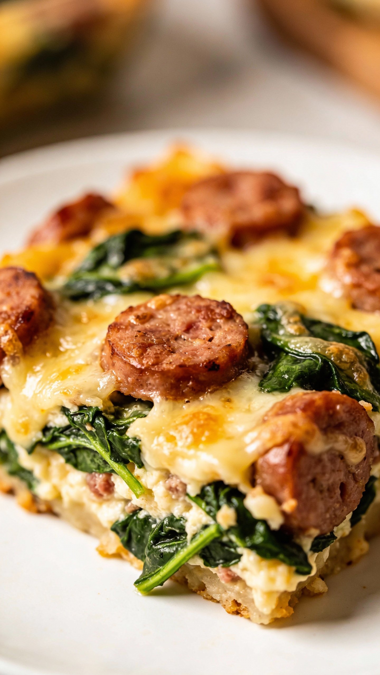 closeup slice of sausage spinach keto casserole on white plate