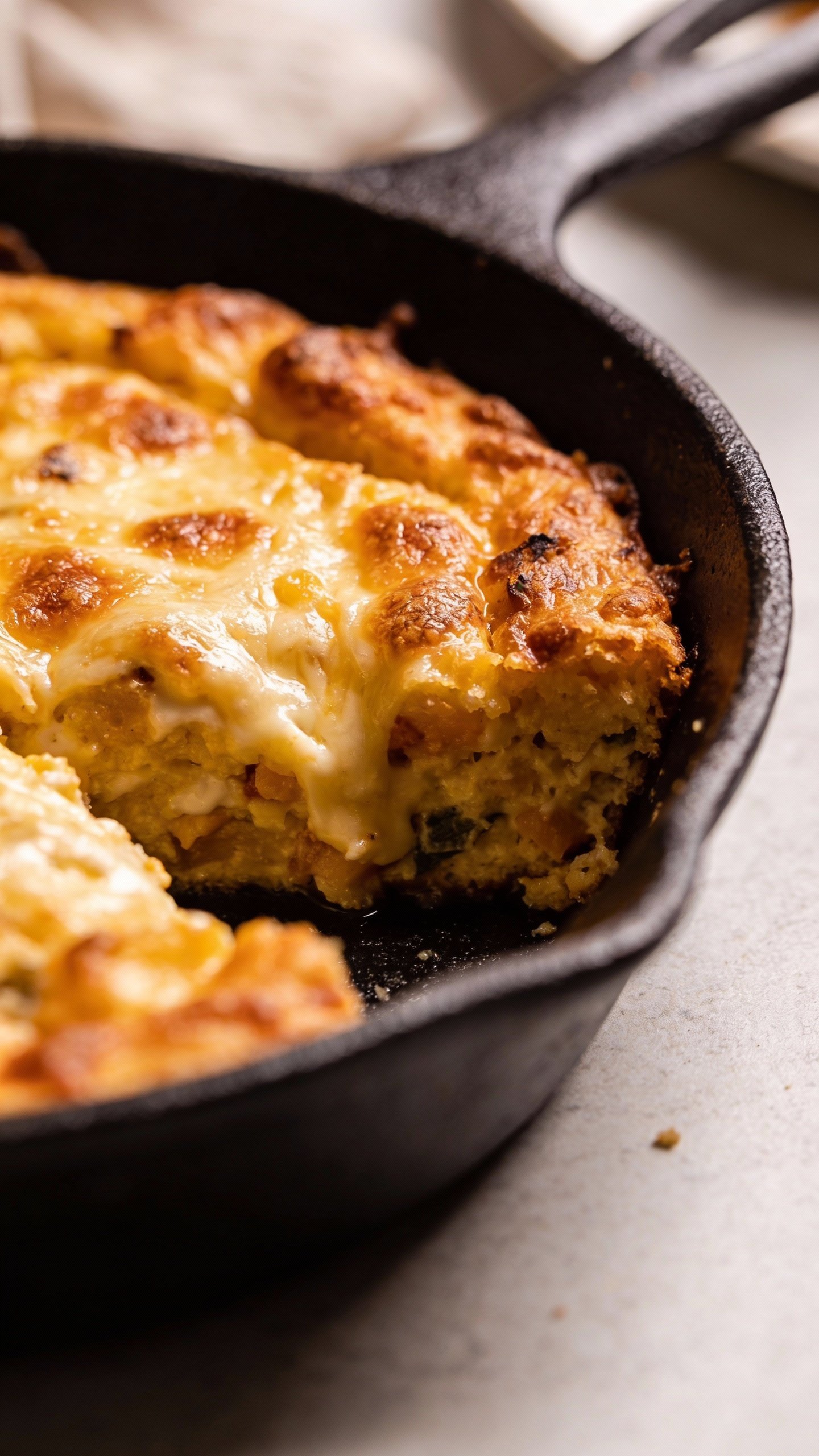 golden-brown keto breakfast casserole in cast-iron, cheese bubbling
