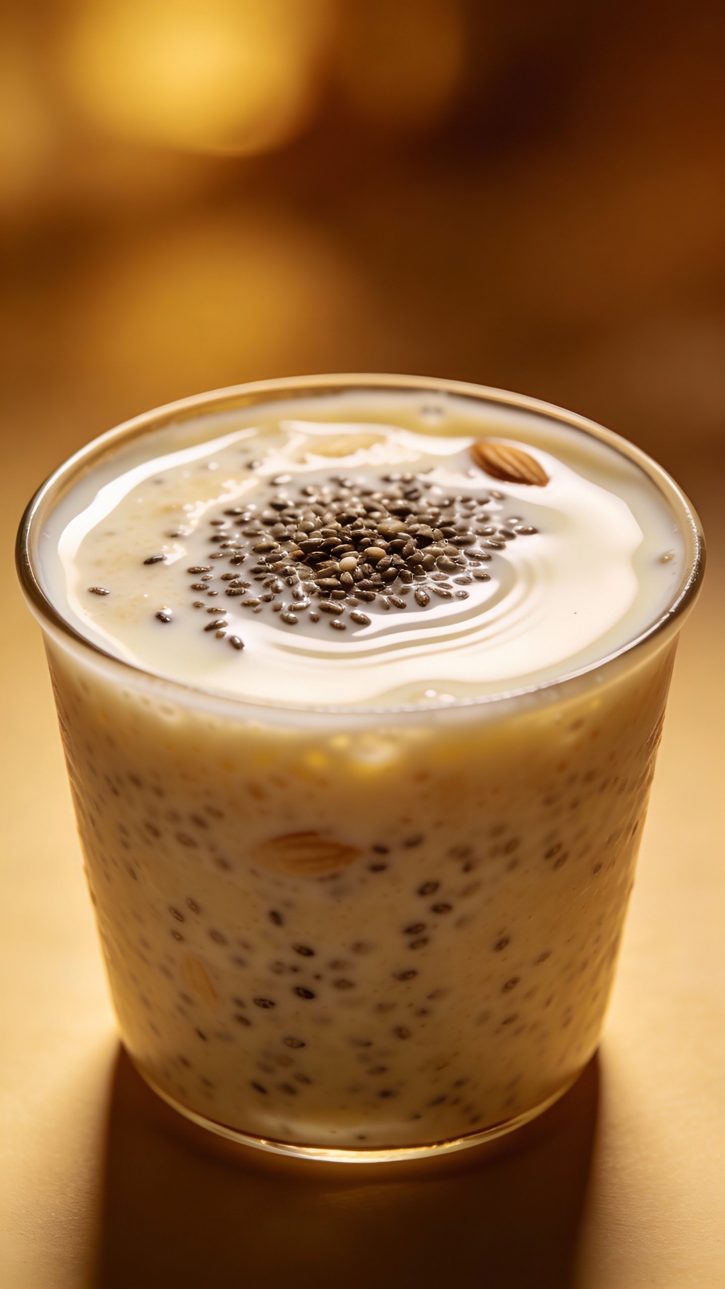 closeup vanilla keto chia pudding cup with almond milk