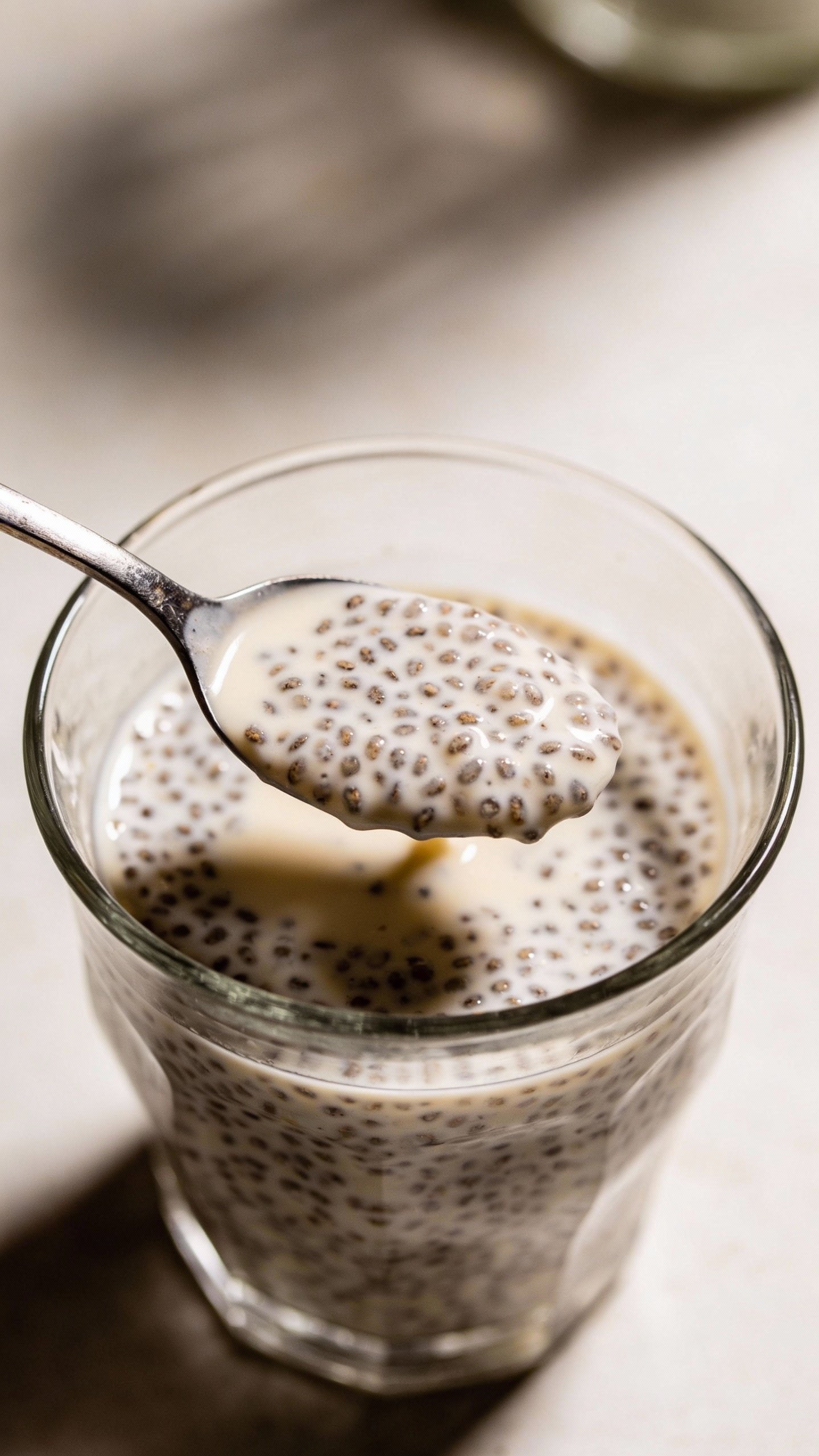 overhead spoonful of vanilla chia pudding, glass cup