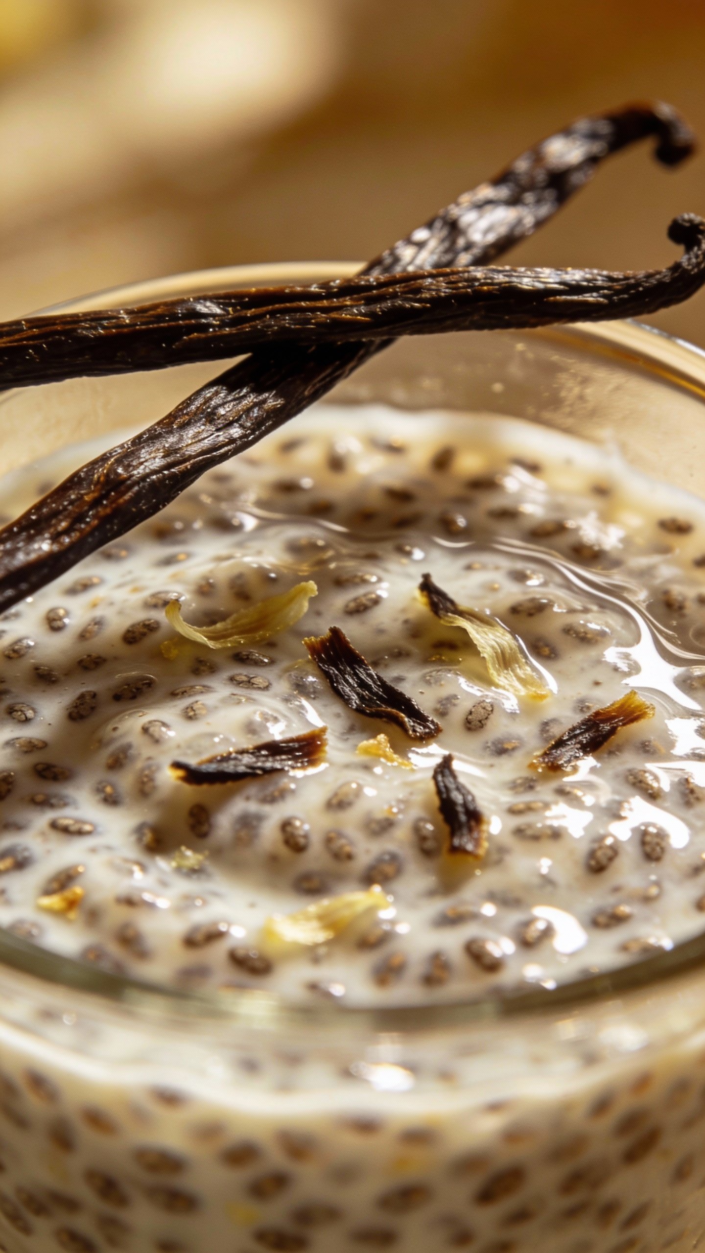 macro shot chia pudding topped with vanilla bean flecks