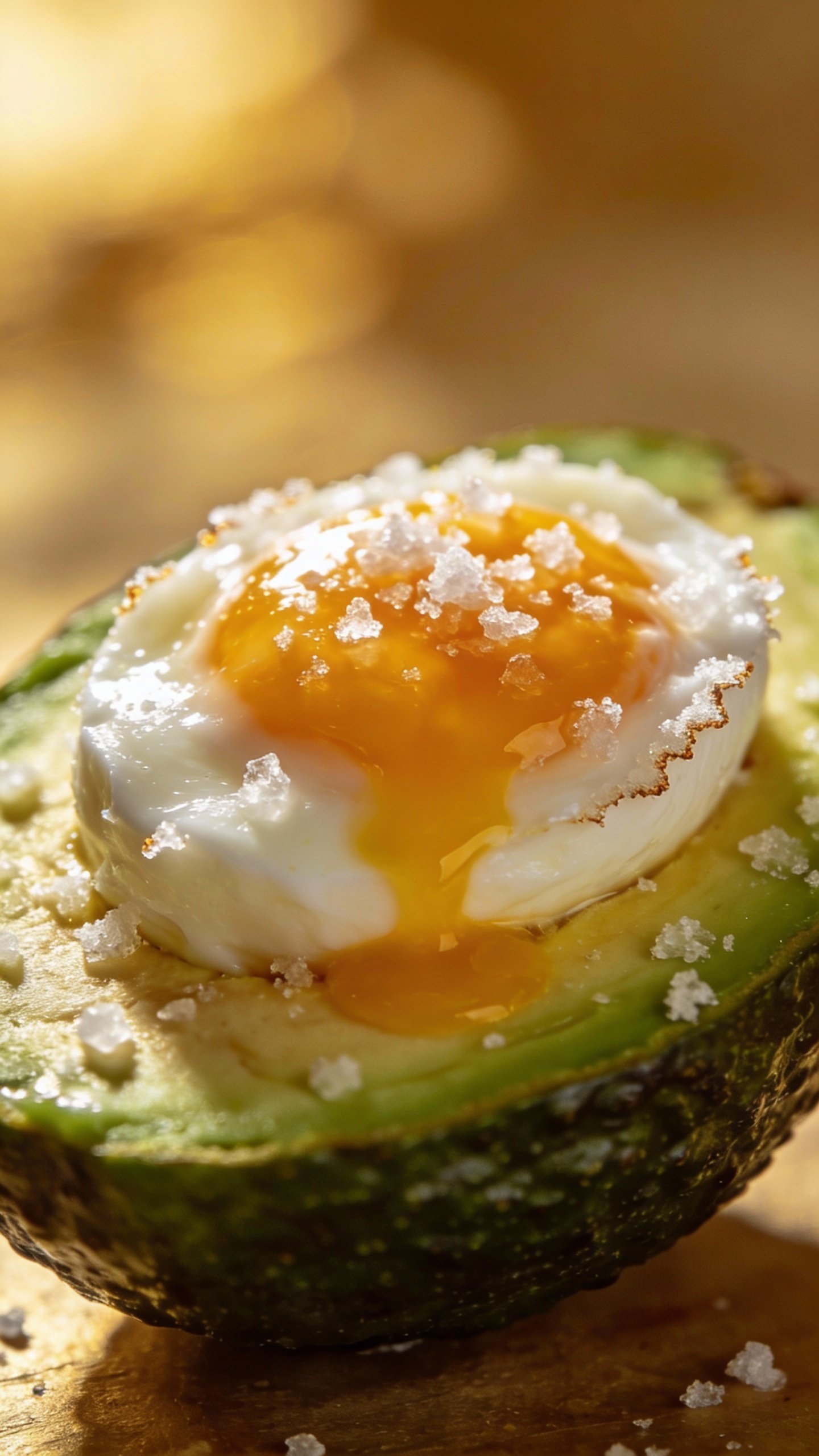 soft-boiled egg on halved avocado, sea salt crystals