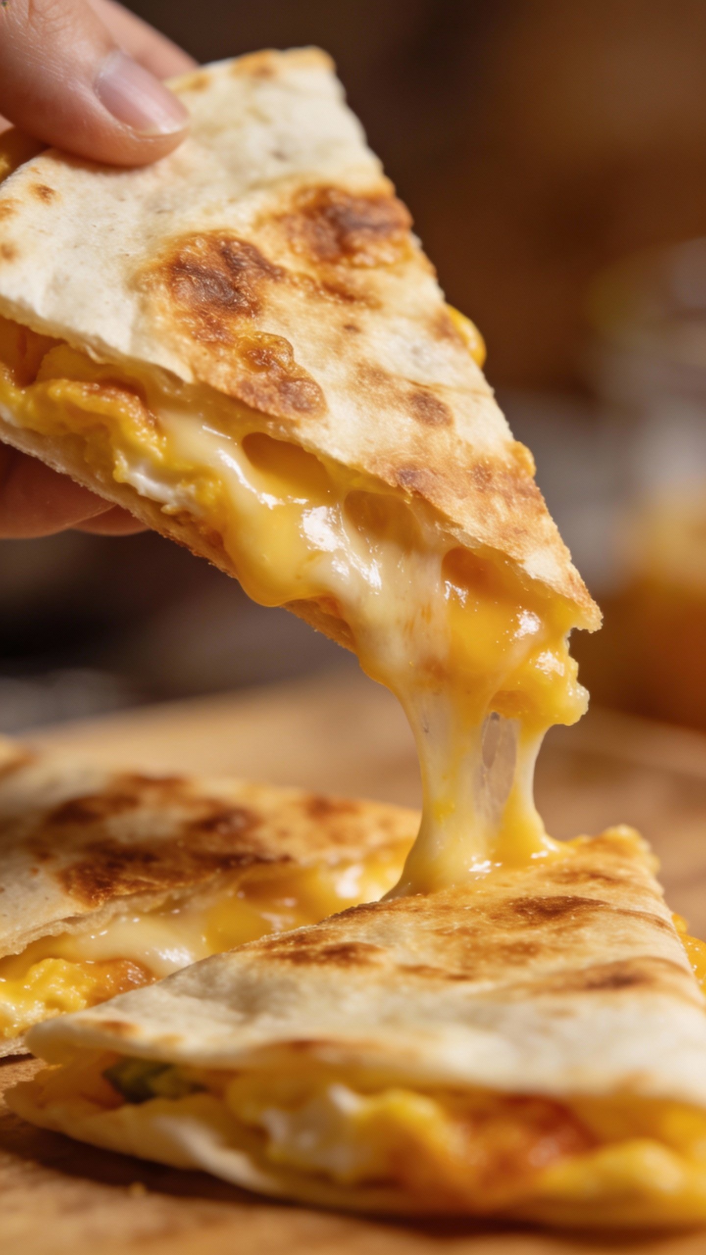 closeup keto breakfast quesadilla triangle with melty cheese