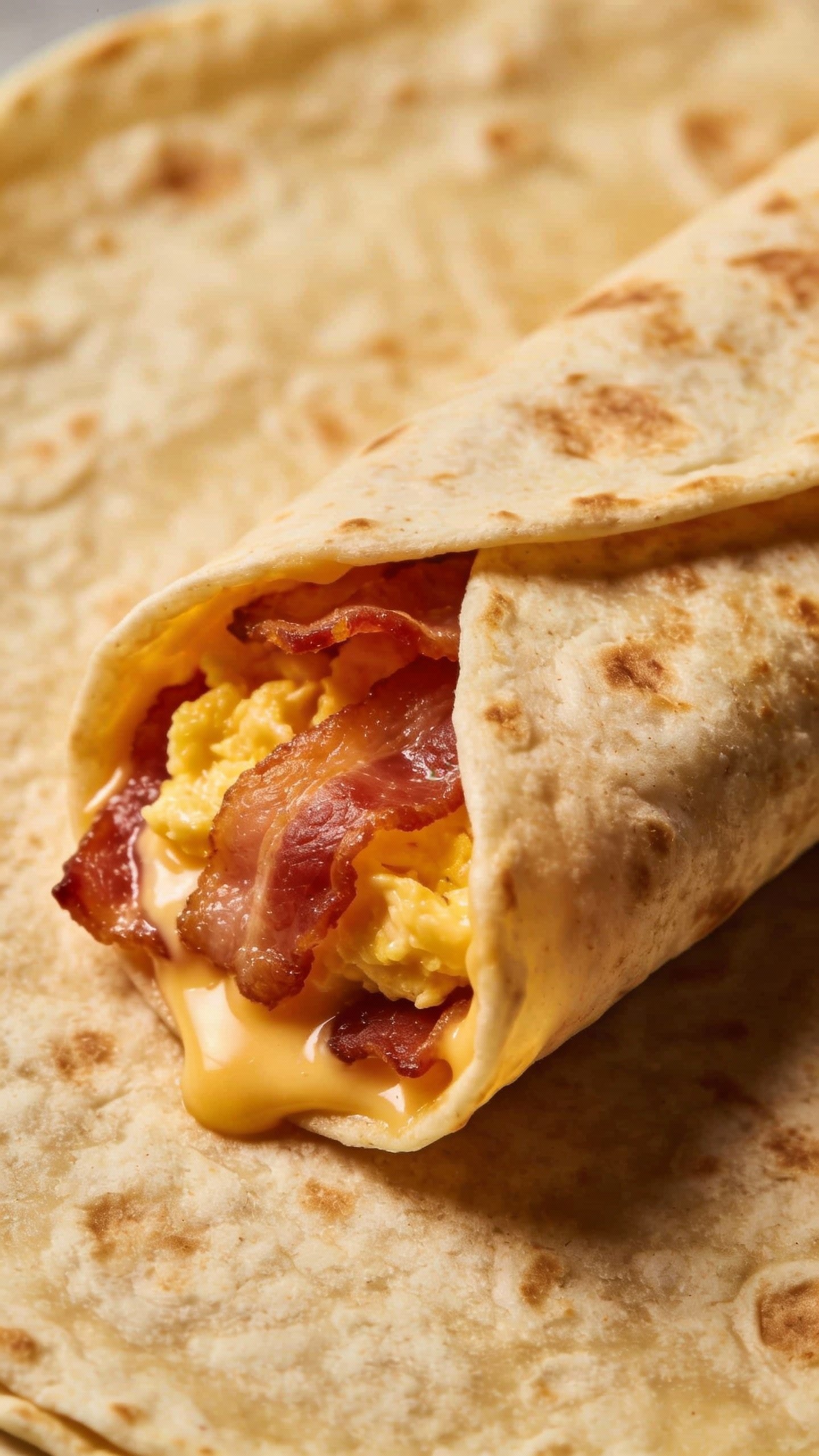single cheese tortilla folded, bacon and egg filling