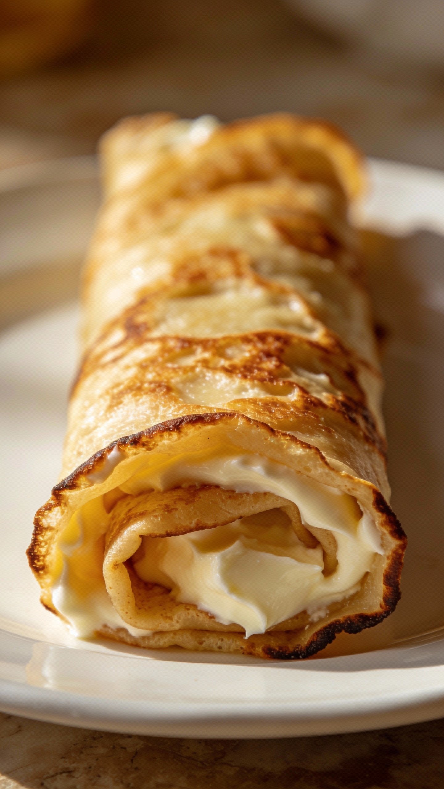 closeup of rolled keto cream cheese crepe on white plate