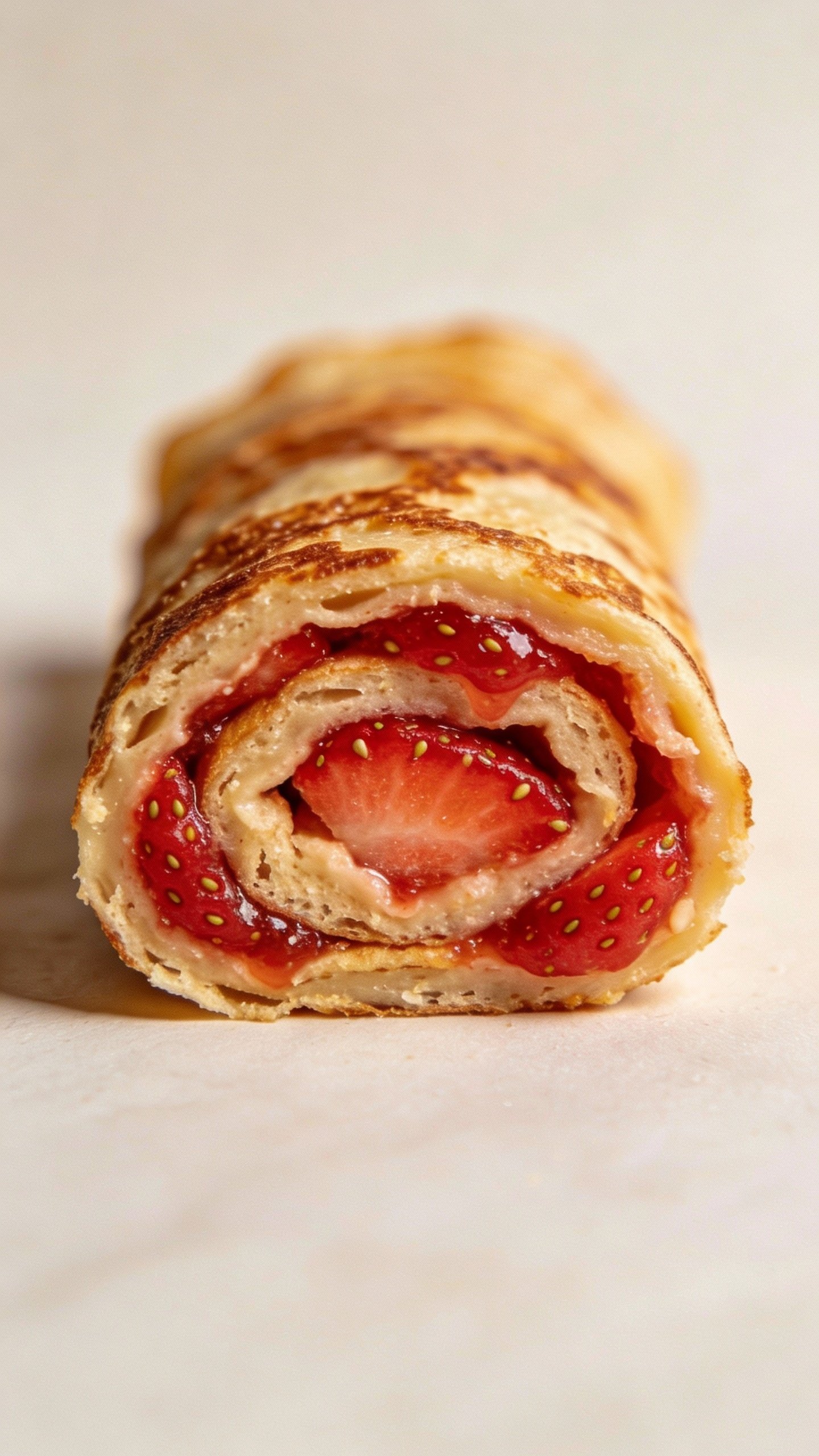single sliced keto pancake roll with strawberry filling, macro shot