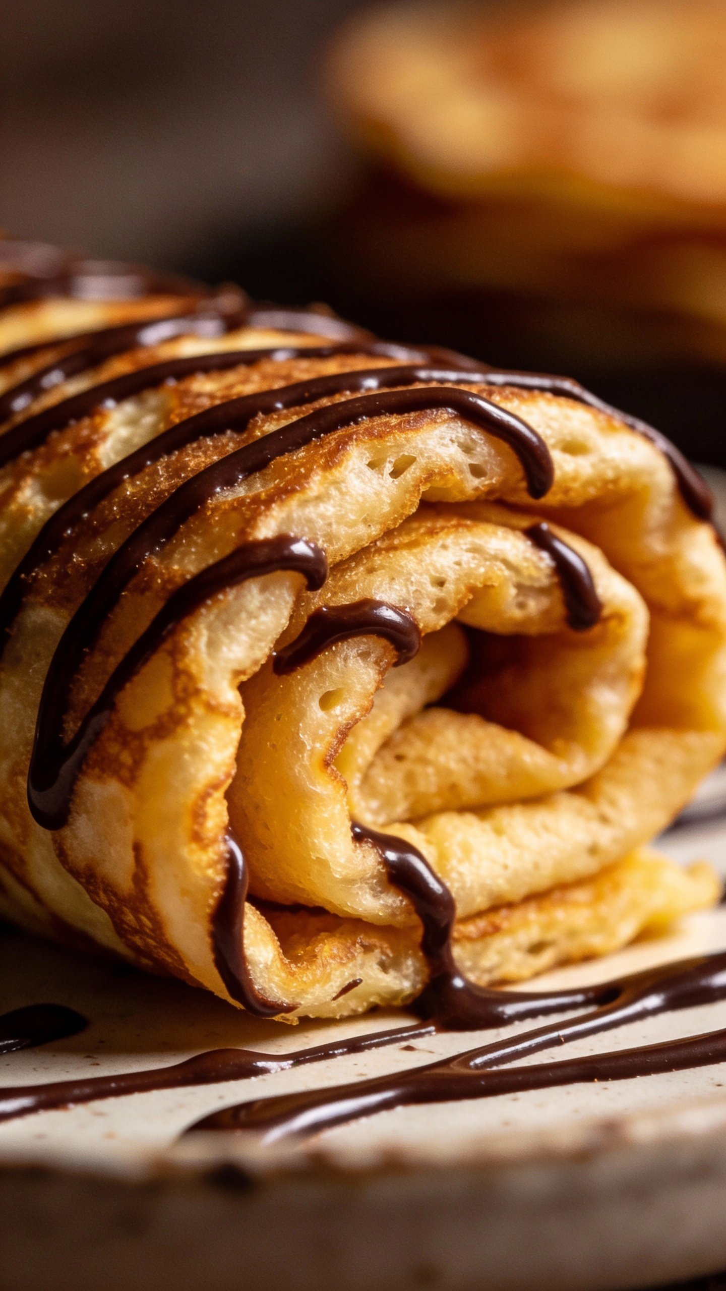 golden keto pancake roll drizzled with sugar-free chocolate, closeup