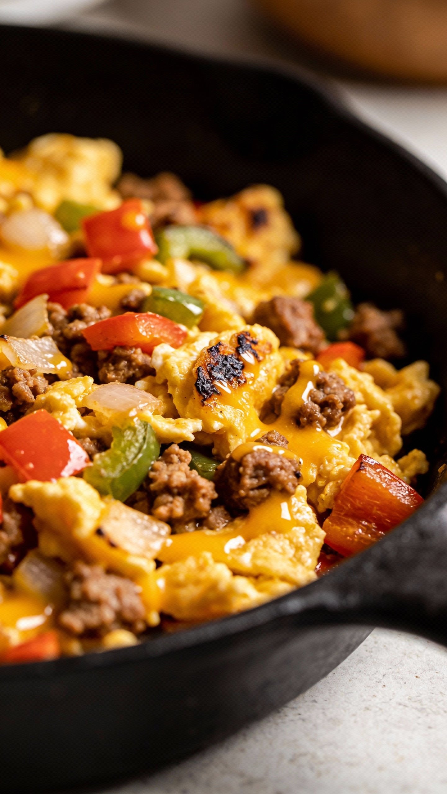 closeup of southwest keto egg scramble in black skillet