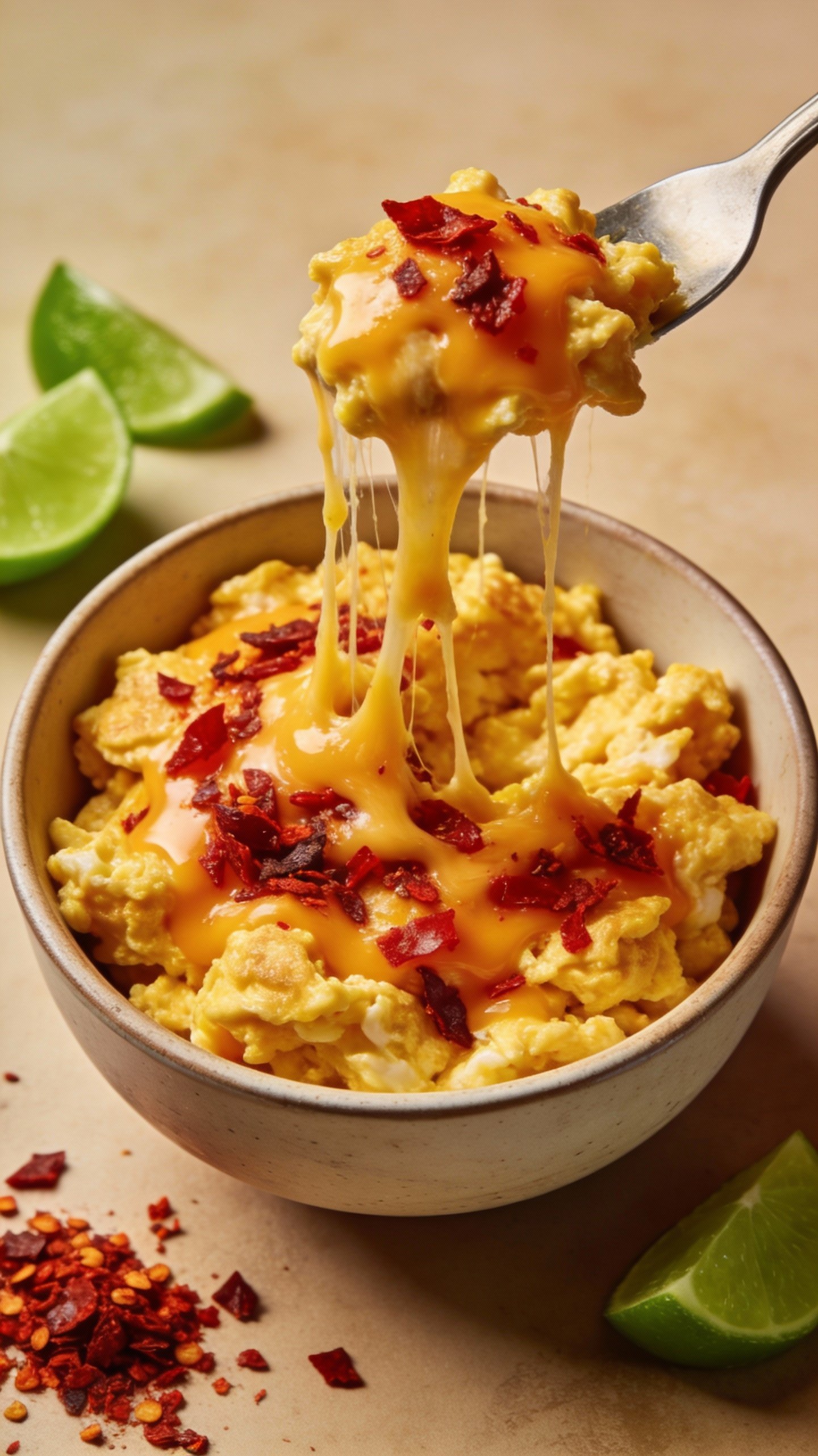 single bowl of cheesy chili-lime egg scramble, top-down